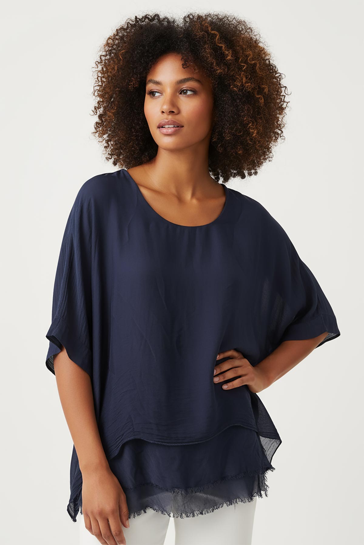 Seren Silk Blend Top in navy – relaxed silk-viscose blouse made in Italy