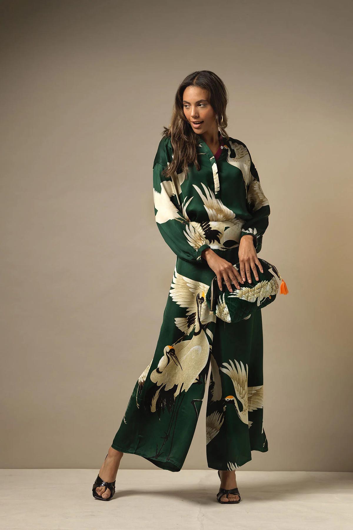 Model wearing stork forest Darcy print shirt by One Hundred Stars – available at Urban Wild