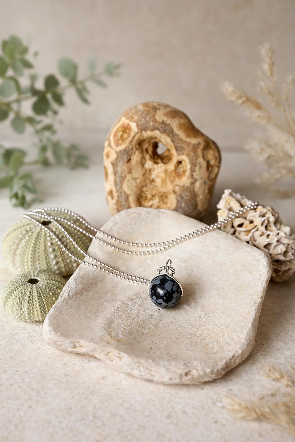 Handmade snowflake obsidian gemstone necklace by Twigs & Stones
