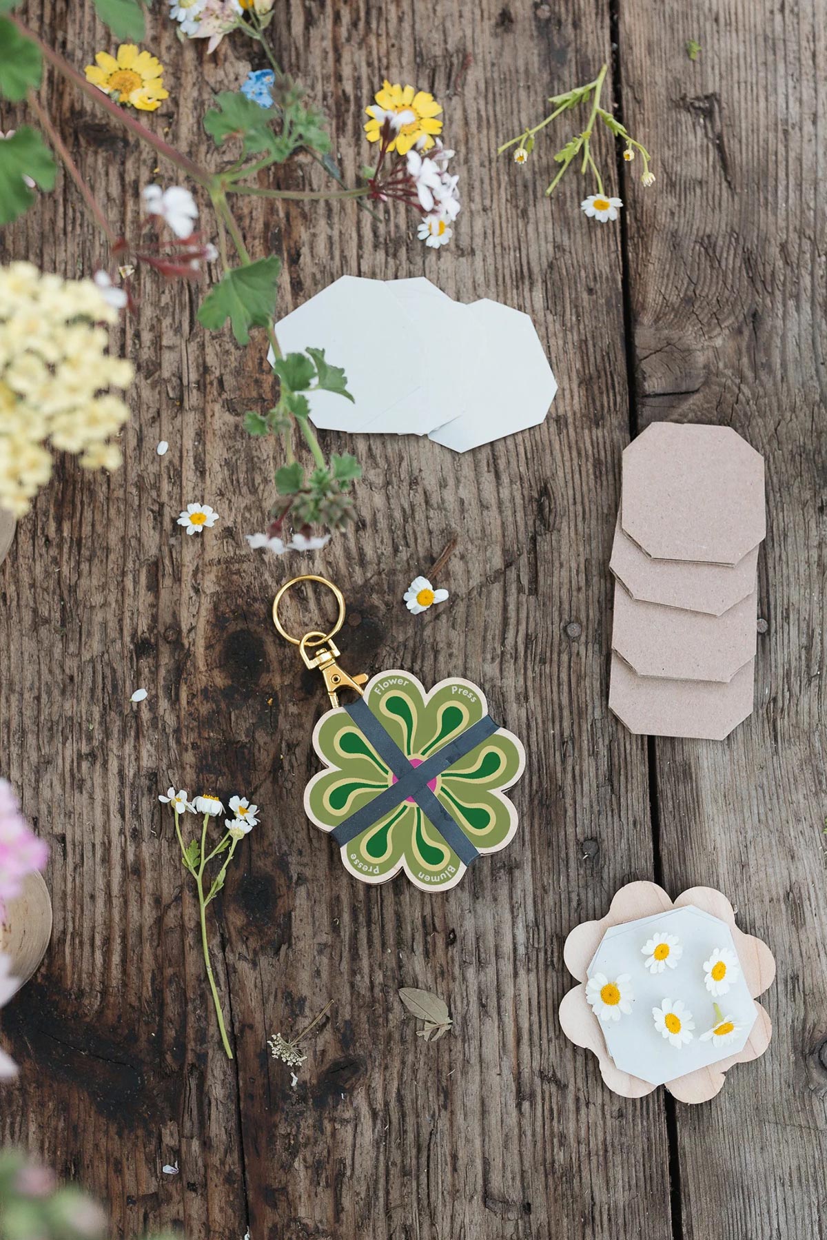 Open keyring flower press showing internal layers lifestyle