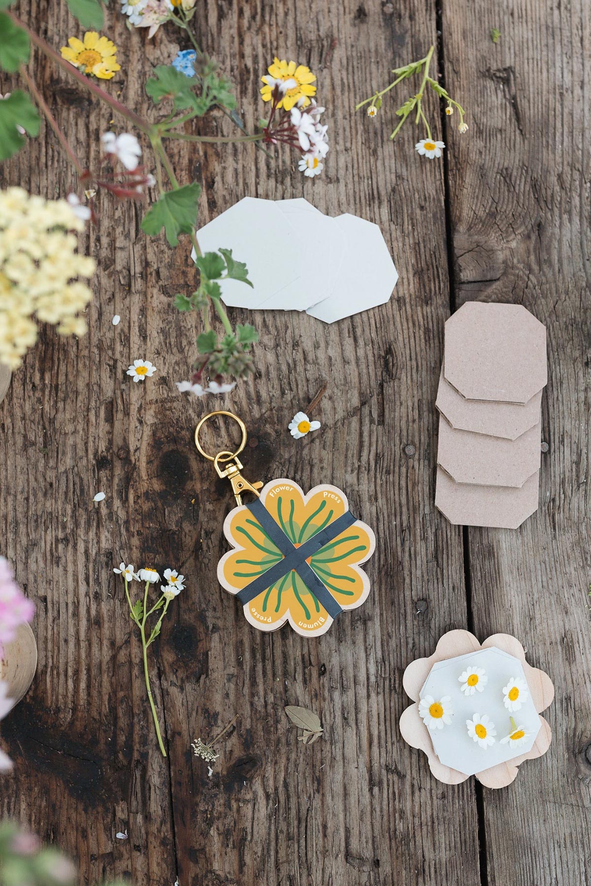 Open keyring flower press showing internal layers lifestyle