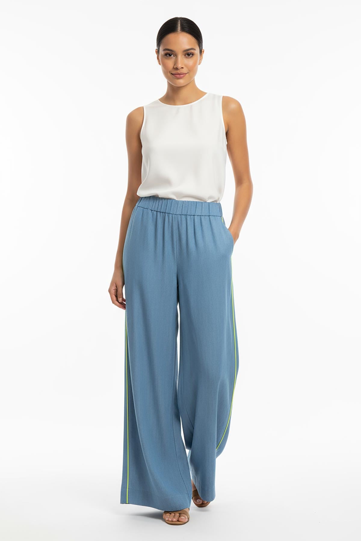 Sunline Tencel Wide Leg Pants in chambray with neon green piping – made in Italy