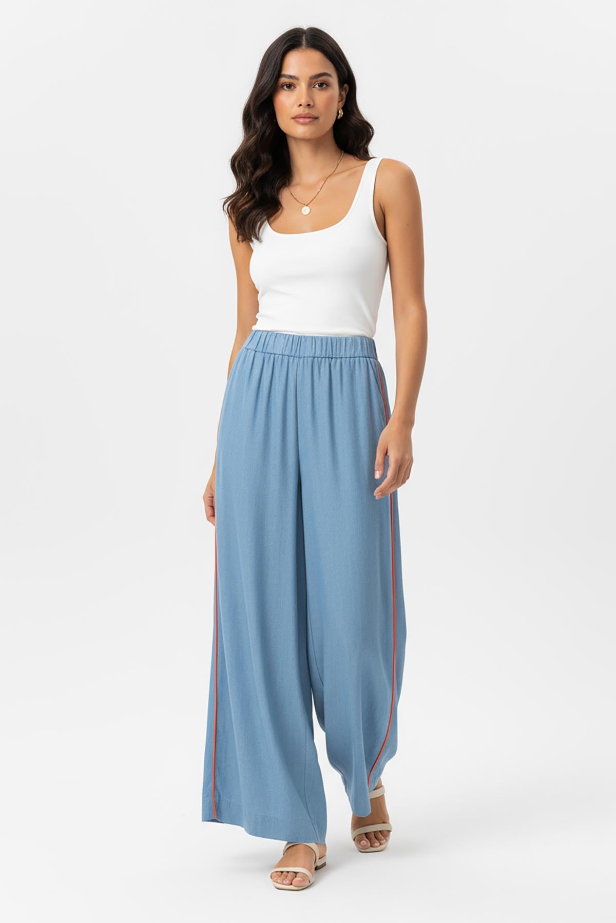 Sunline Tencel Wide Leg Pants in chambray blue with orange piping – made in Italy