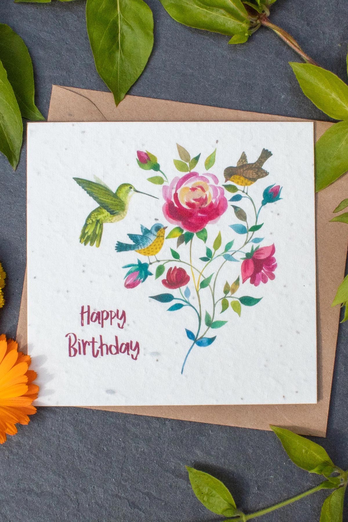 The Naughty Shrew plantable birthday card with birds and roses illustration, eco-friendly seed paper card from Urban Wild