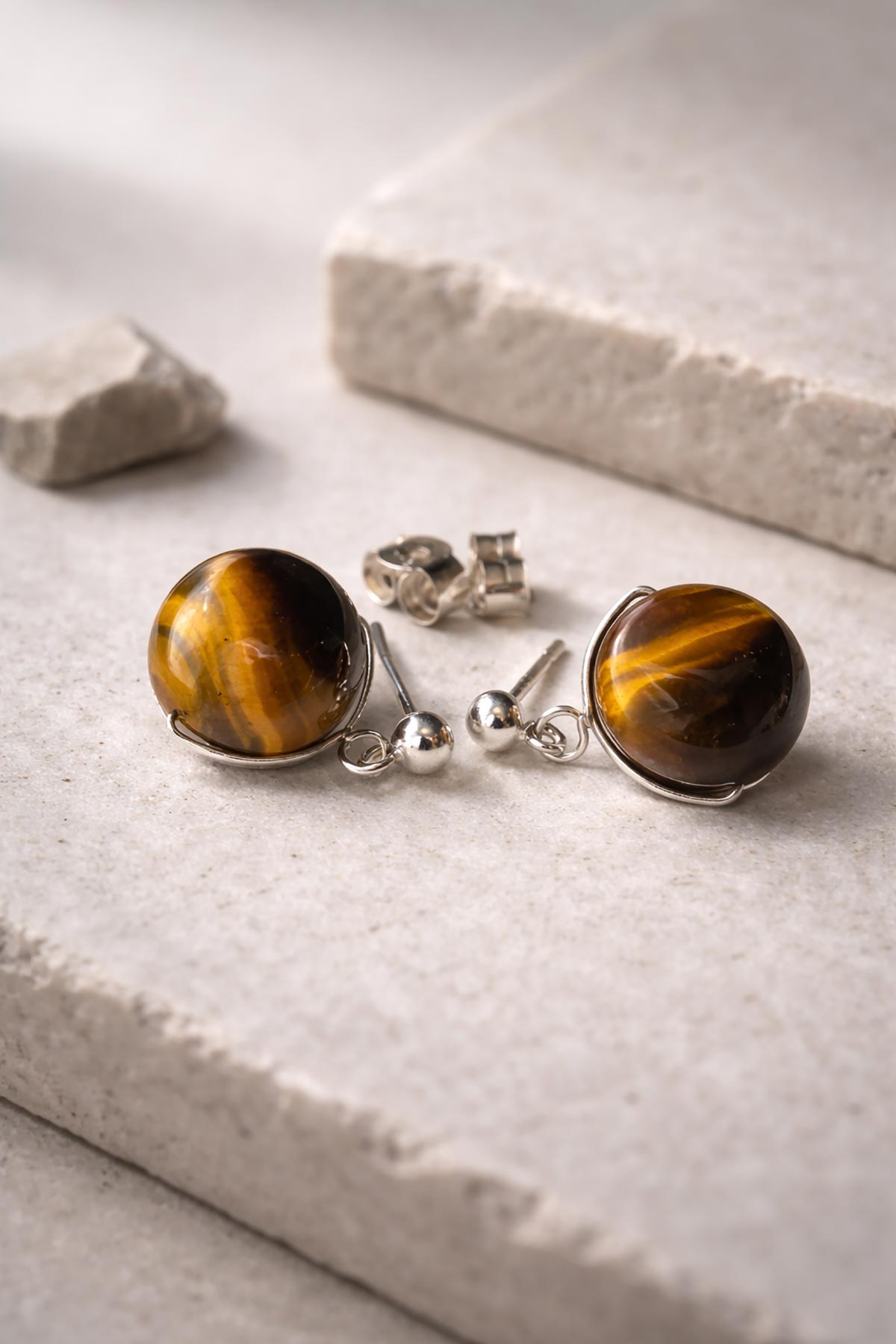Handmade tiger’s eye stud earrings by Twigs & Stones