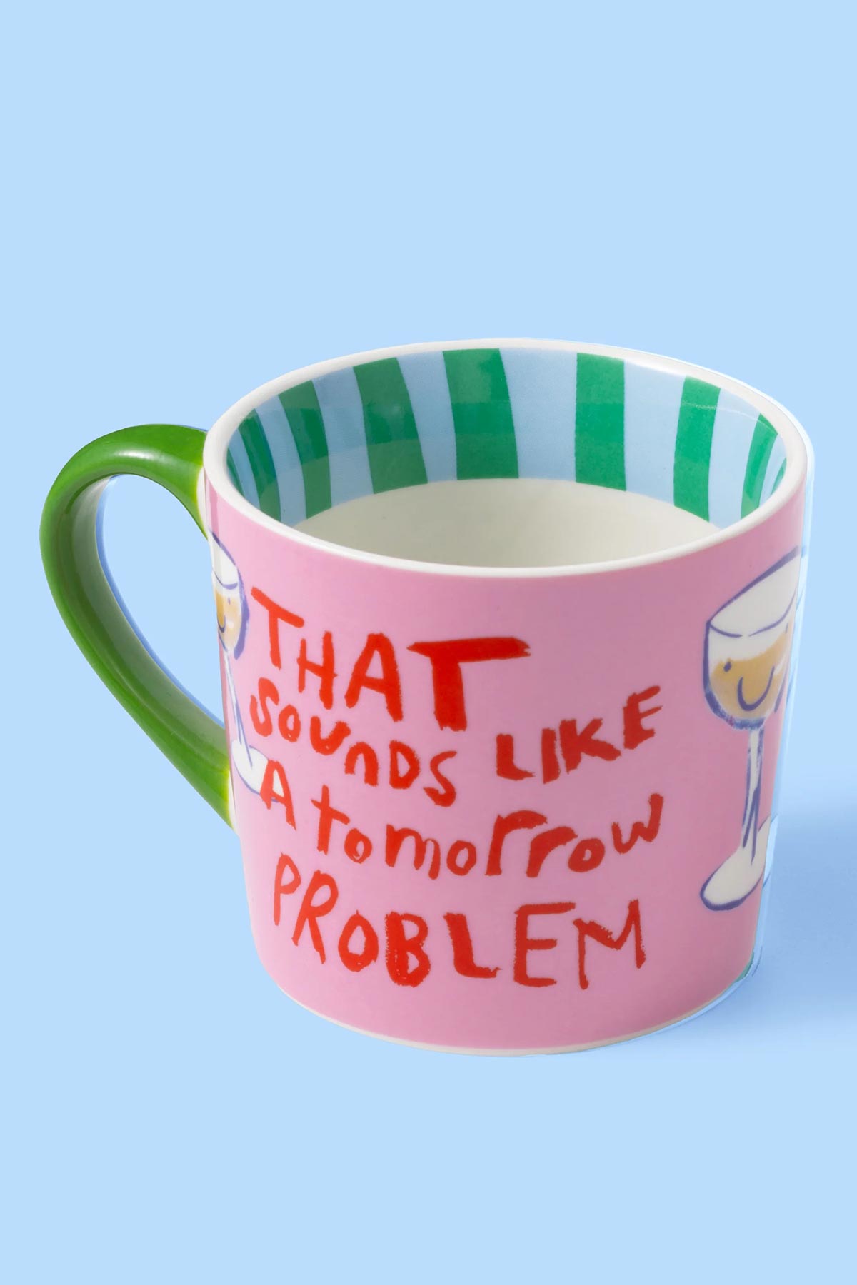 Detail of hand-painted slogan on ceramic mug