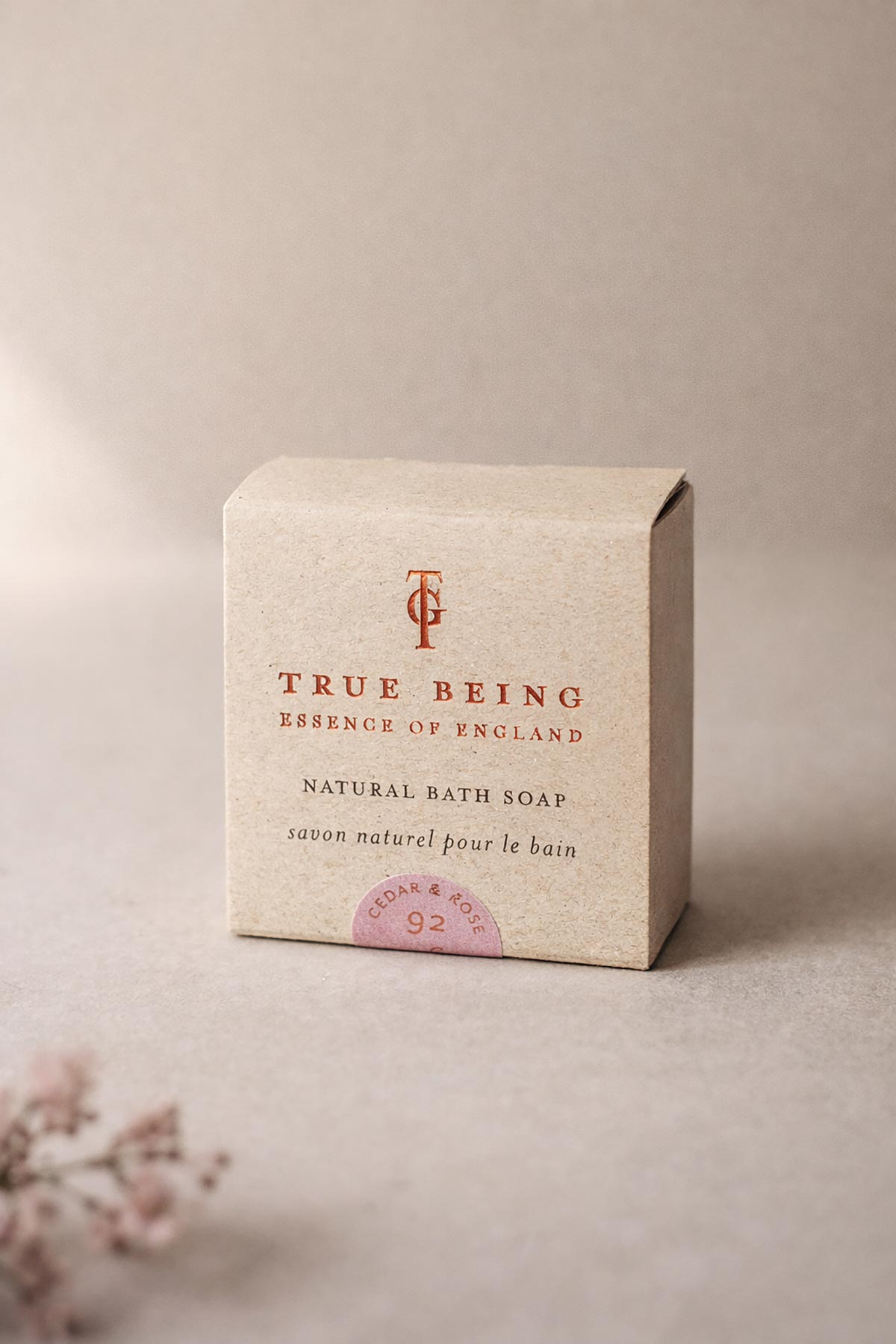 True Grace Cedar and Rose Natural Soap styled in bathroom