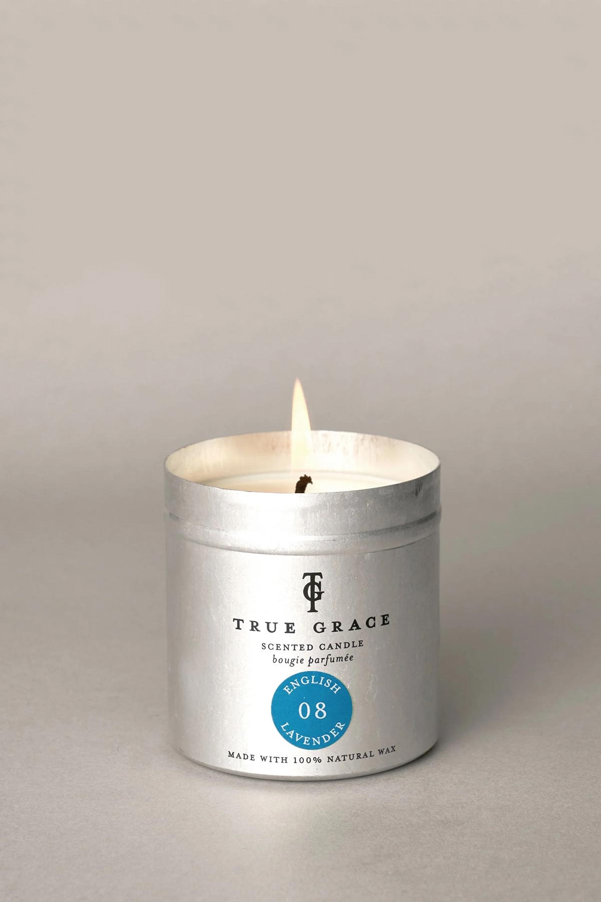 Detail of True Grace English Lavender Tin Candle showing wax texture