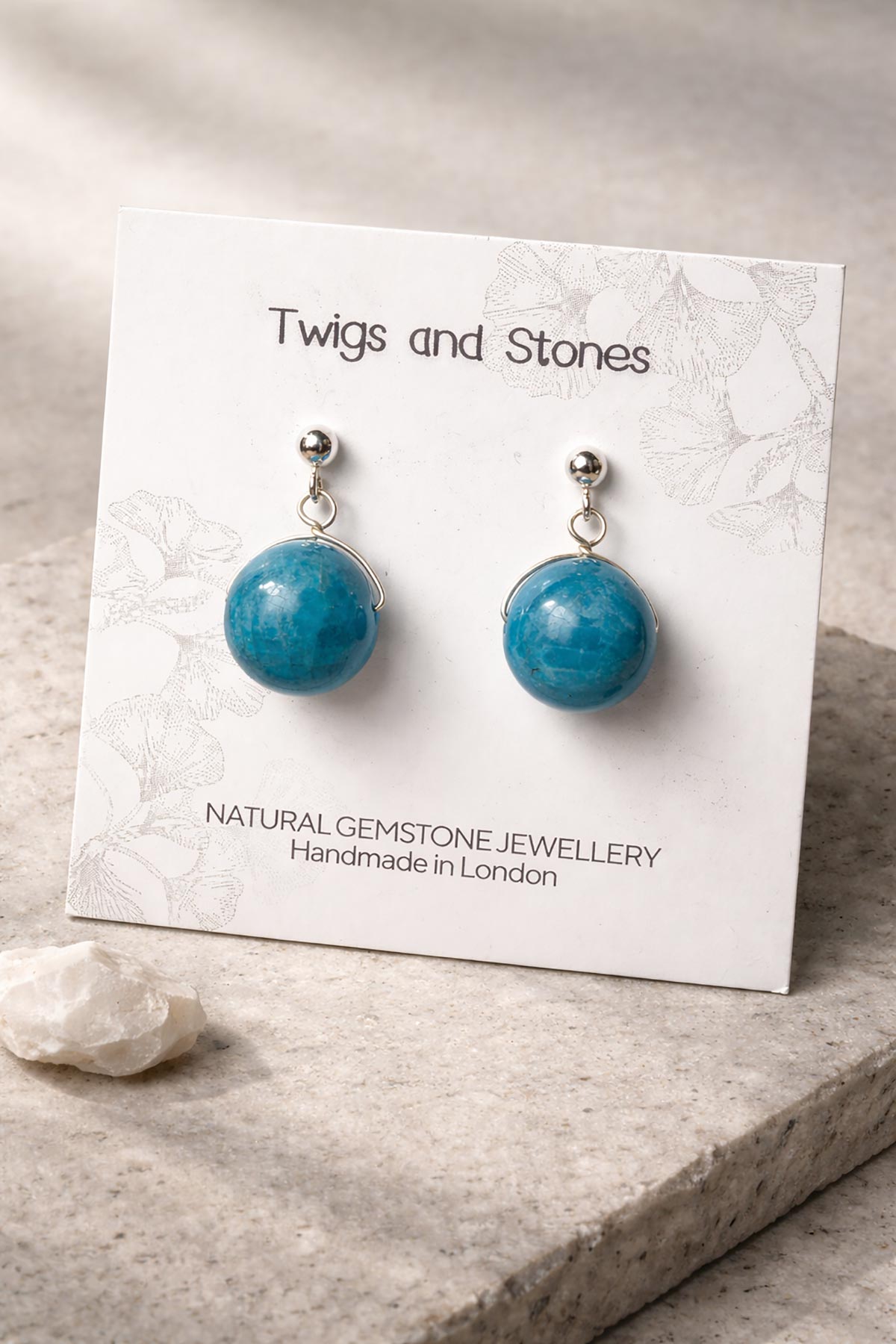 Twigs & Stones apatite earrings in packaging