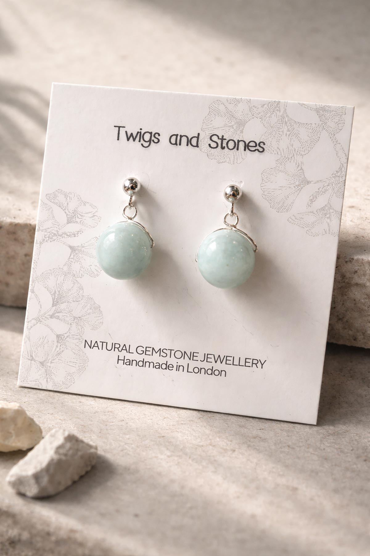 Twigs & Stones aquamarine earrings in packaging