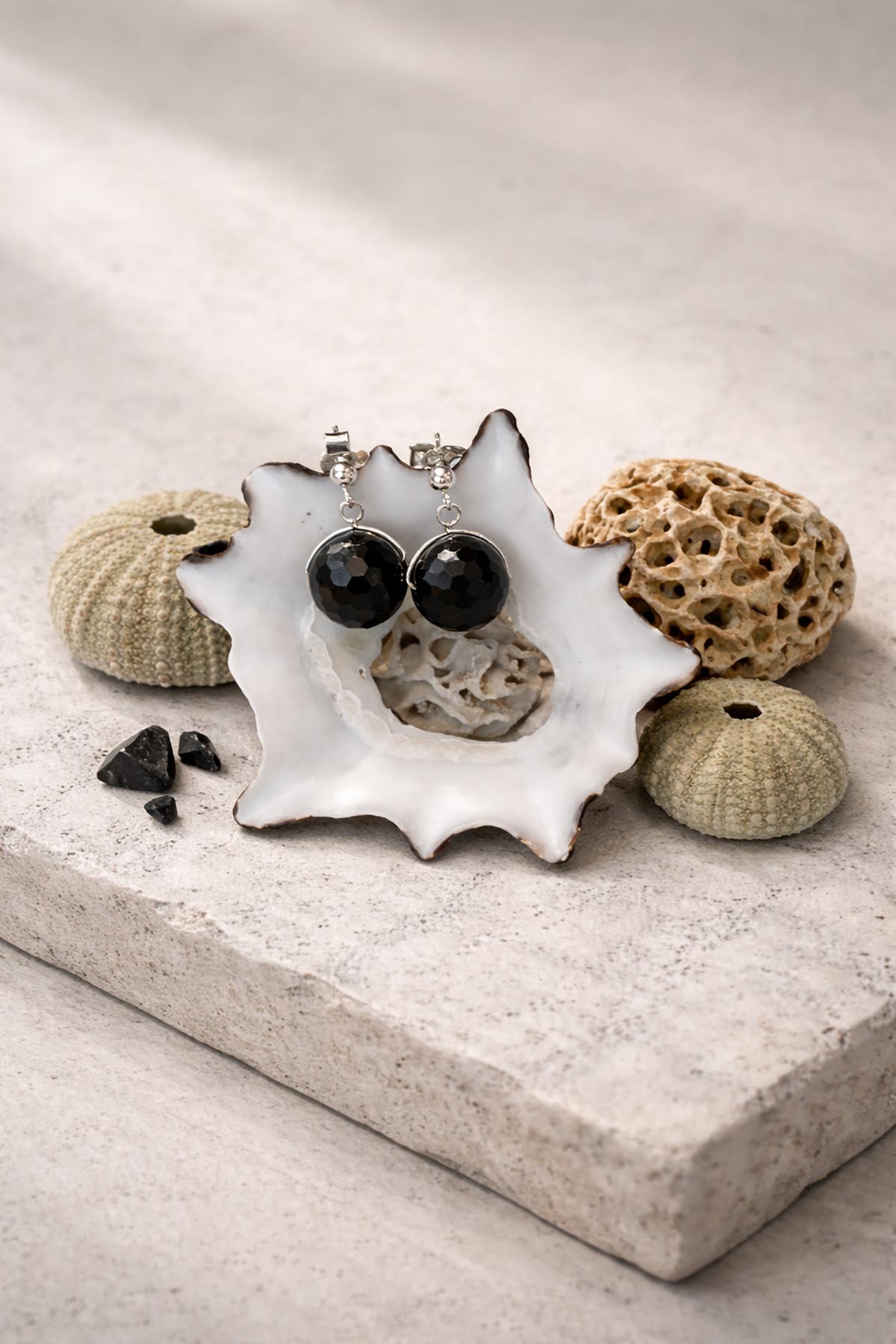 Black tourmaline drop stud earrings by Twigs & Stones at Urban Wild