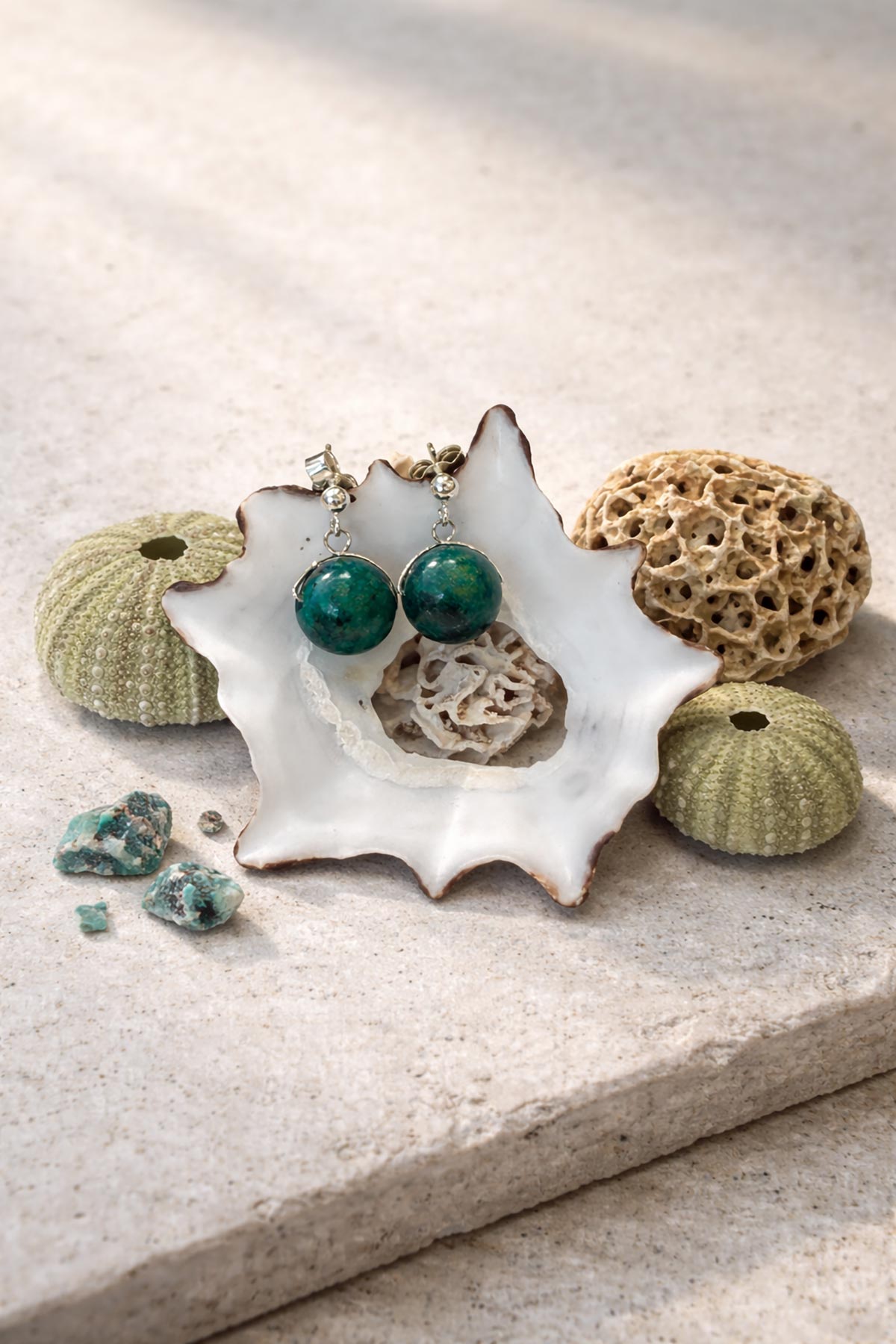 Chrysocolla drop stud earrings by Twigs & Stones at Urban Wild
