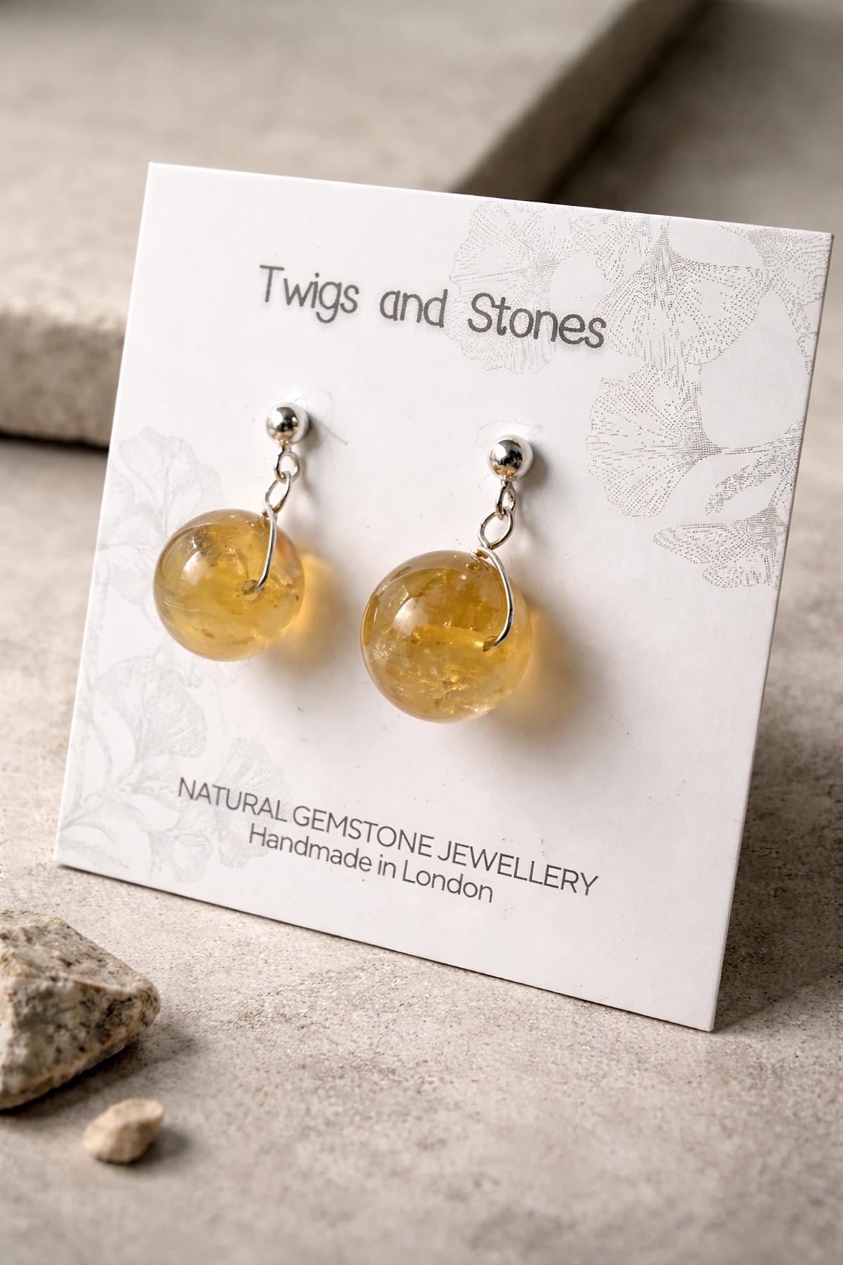 Twigs & Stones citrine earrings in packaging