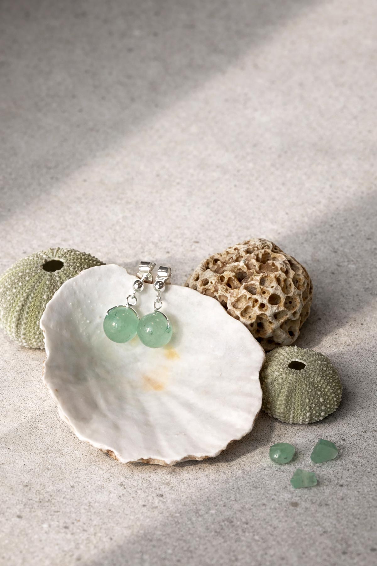 Green aventurine drop stud earrings by Twigs & Stones at Urban Wild