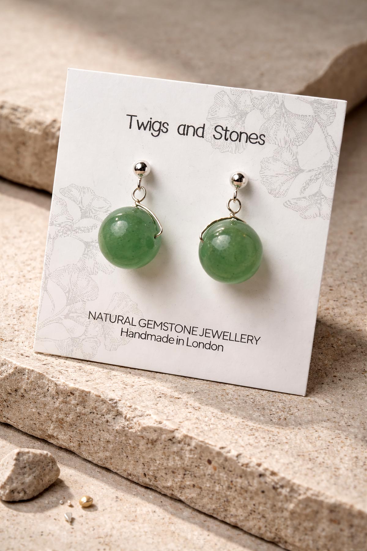 Twigs & Stones green aventurine earrings in packaging