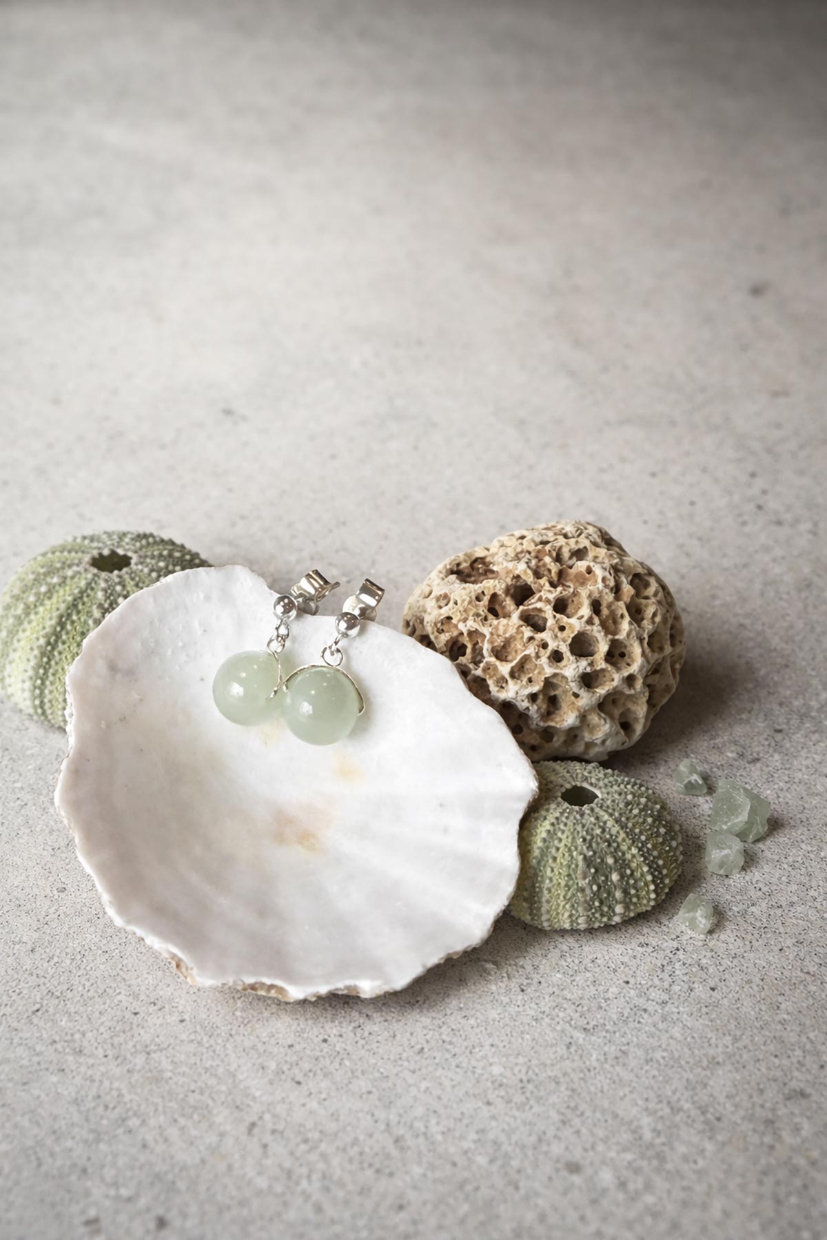 Green jade drop stud earrings by Twigs & Stones at Urban Wild