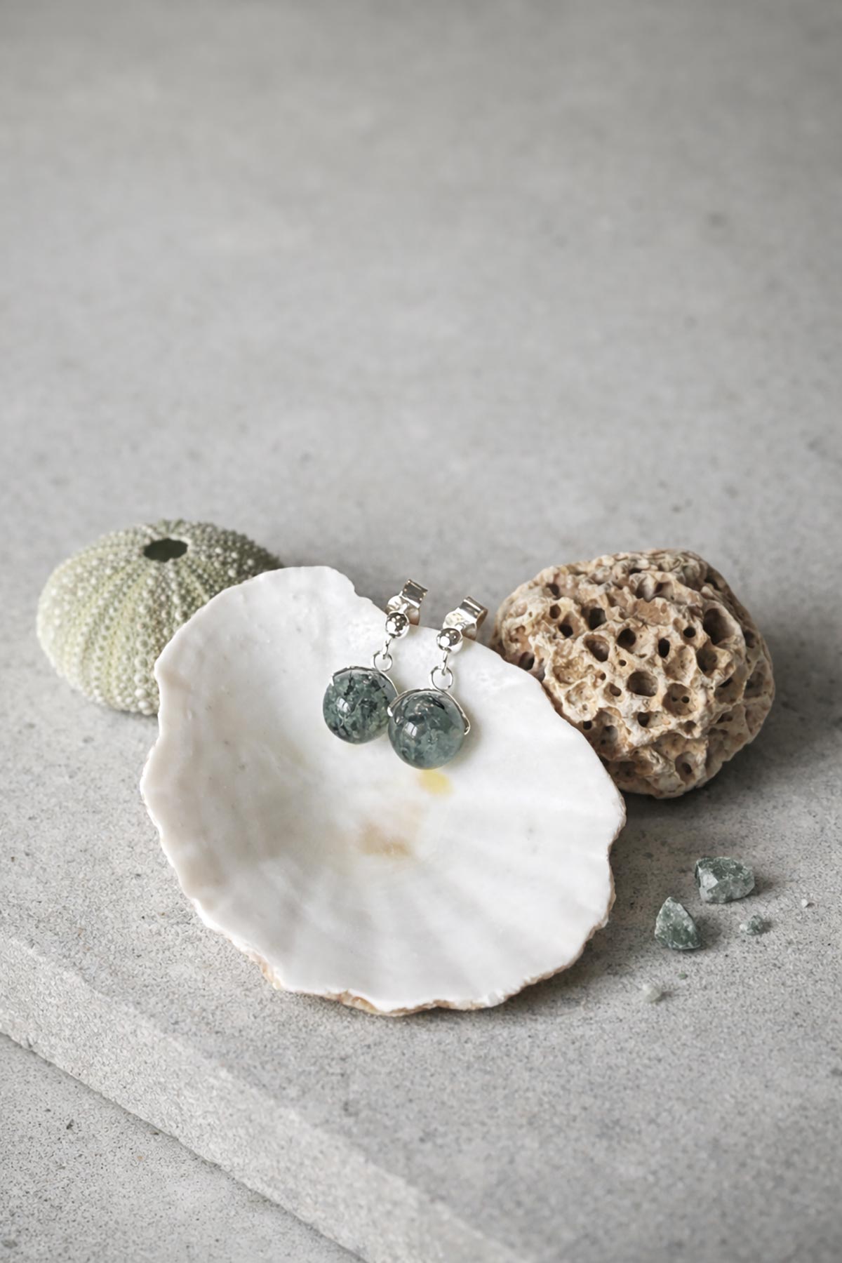 Moss agate drop stud earrings by Twigs & Stones at Urban Wild