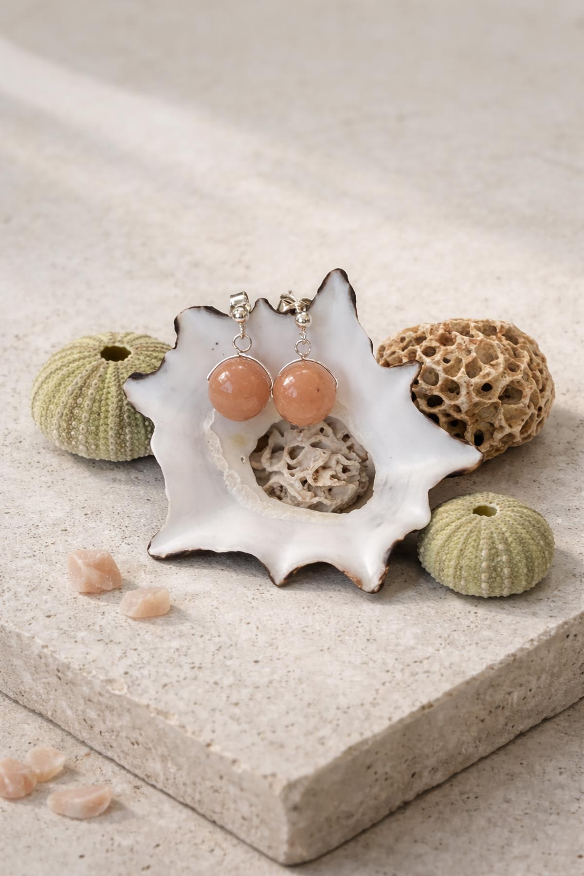 Peach moonstone drop stud earrings by Twigs & Stones at Urban Wild