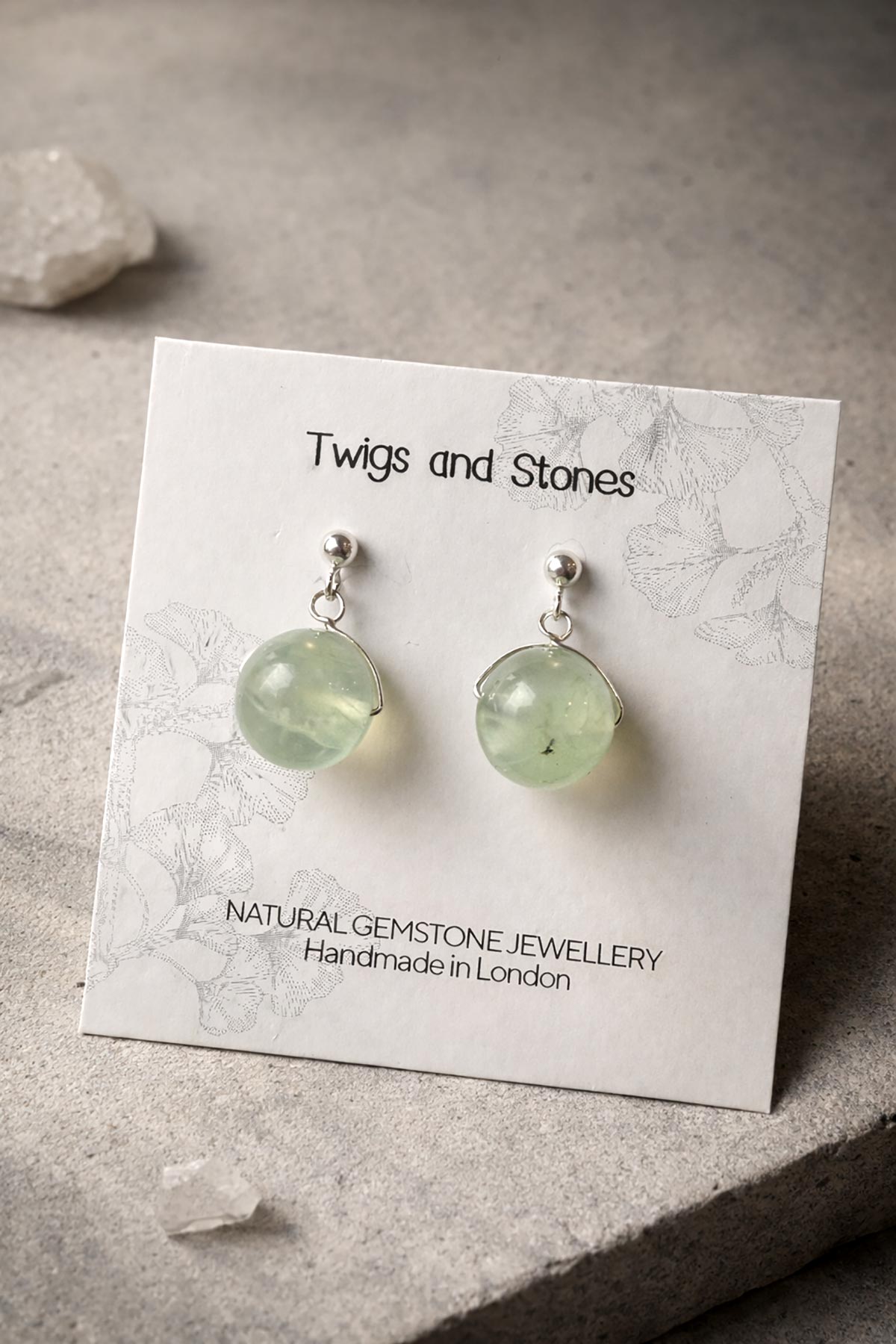 Twigs & Stones prehnite earrings in packaging