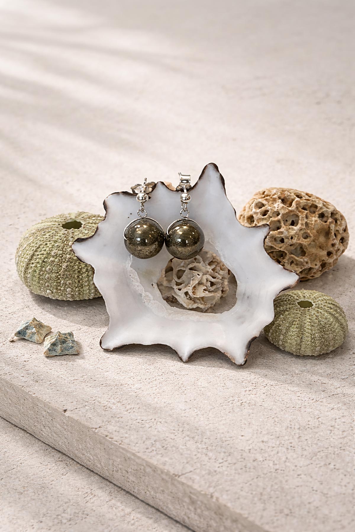 Pyrite drop stud earrings by Twigs & Stones at Urban Wild