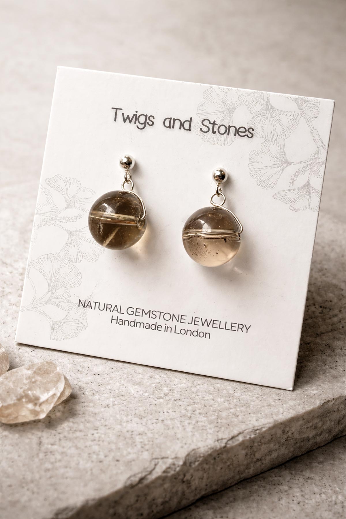 Twigs & Stones smokey quartz earrings in packaging