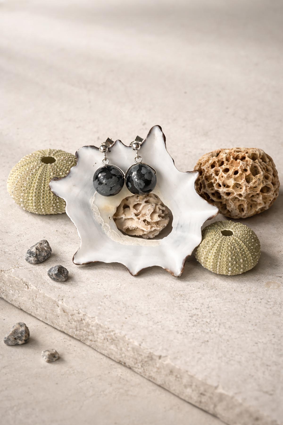 Snowflake obsidian drop stud earrings by Twigs & Stones at Urban Wild