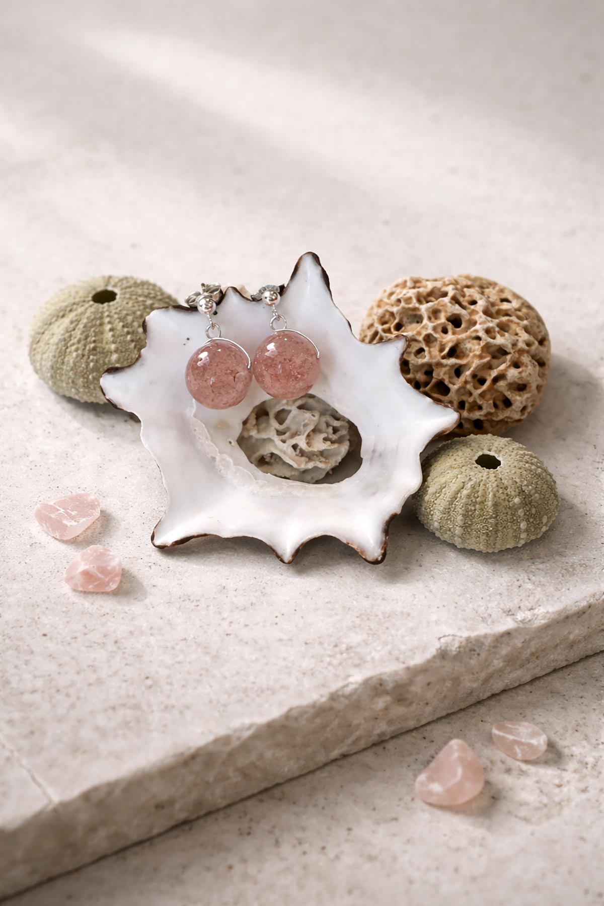 Strawberry quartz drop stud earrings by Twigs & Stones at Urban Wild