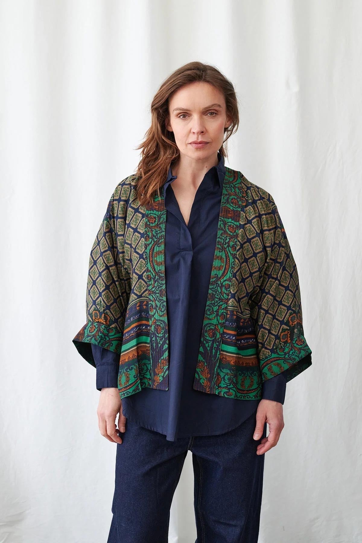 Amulet Emerald Kimono with Moorish-inspired geometric print in emerald, navy and amber tones — Urban Wild