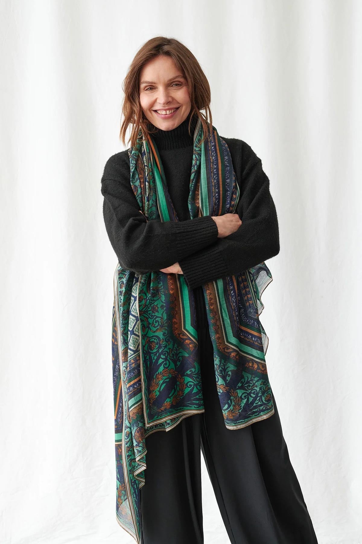 Amulet Emerald Scarf with Moorish geometric print in emerald, navy and amber tones — Urban Wild
