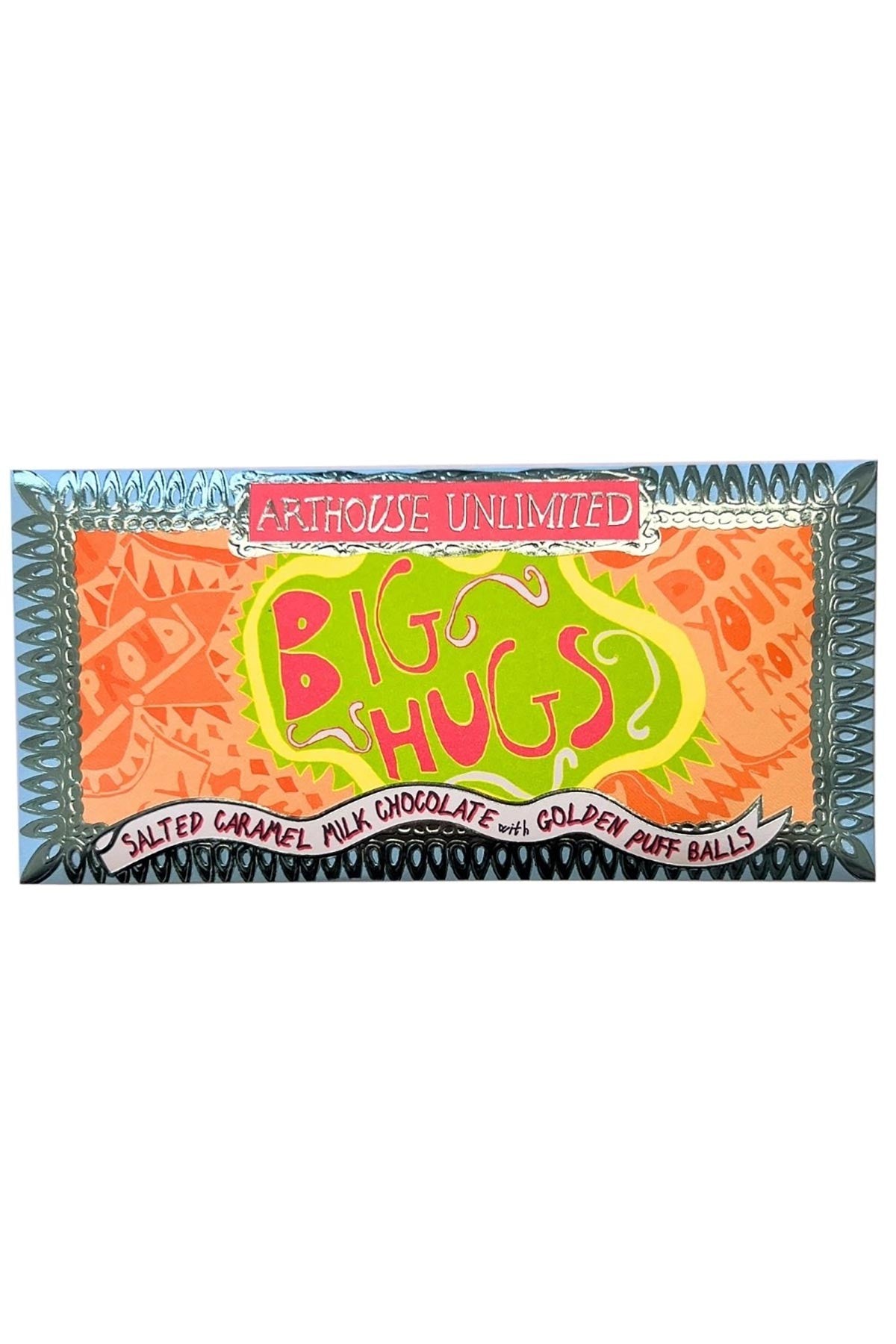 Big Hugs salted caramel milk chocolate bar with golden puff balls in illustrated envelope — Urban Wild