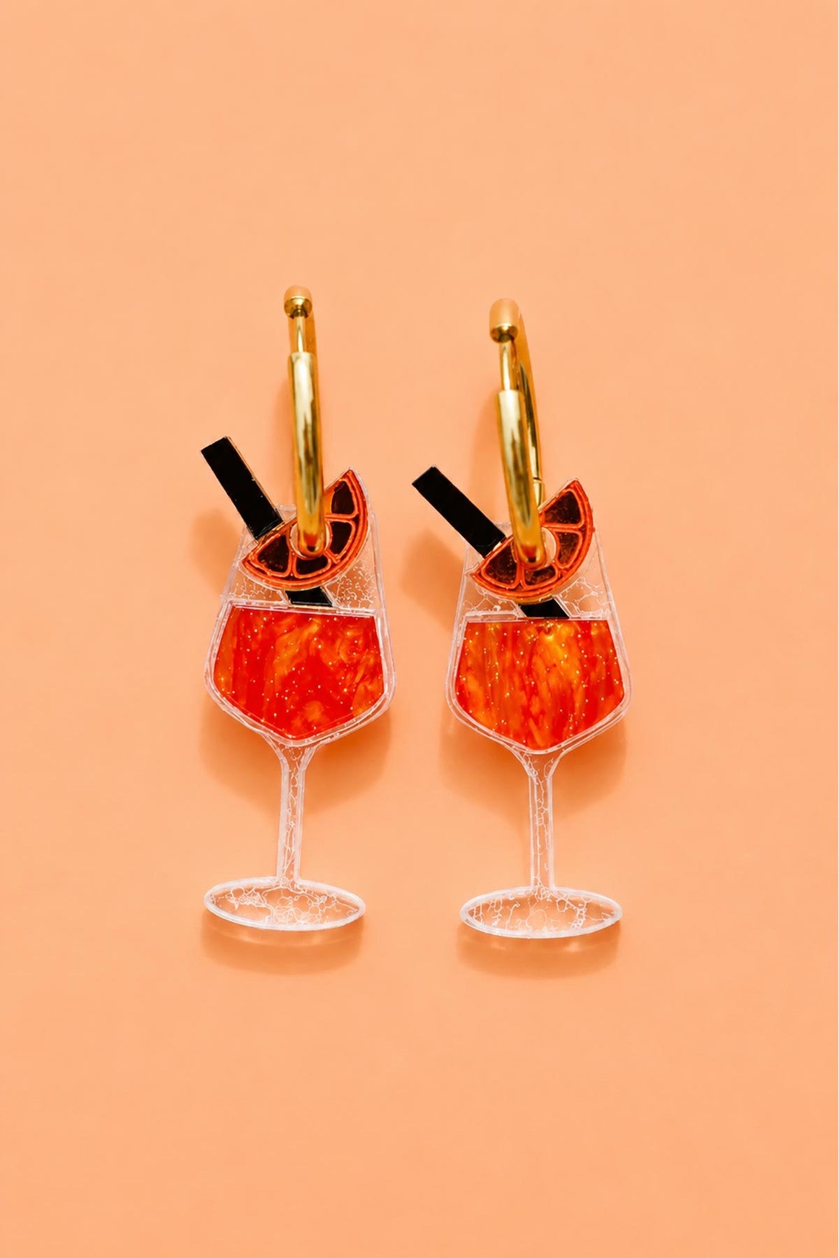 Bitter orange spritz cocktail acrylic hoop earrings on gold stainless steel hoops — Urban Wild