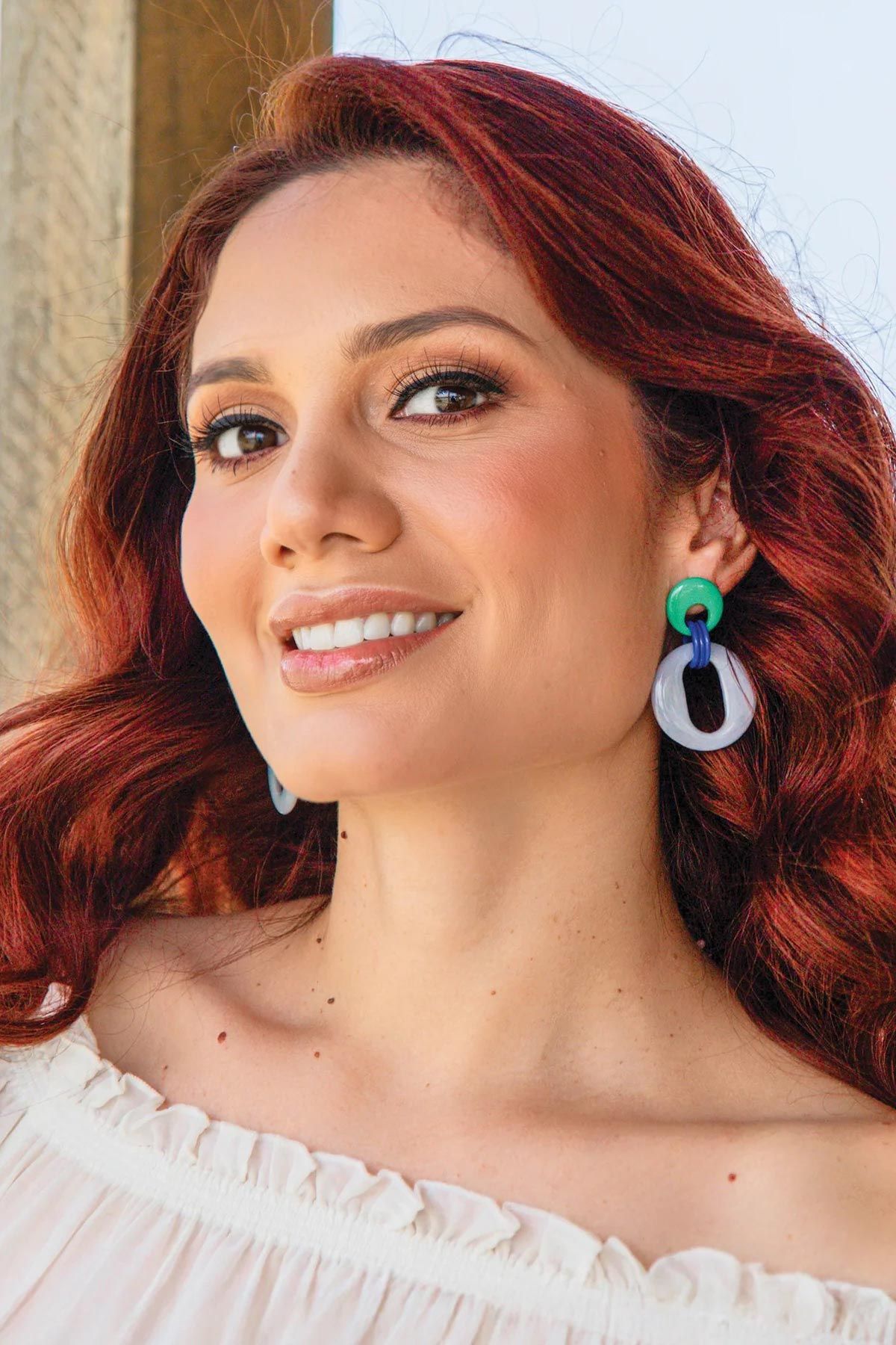 Organic Tagua Jewelry Wanda earrings in blue and aqua colourway detail — Urban Wild