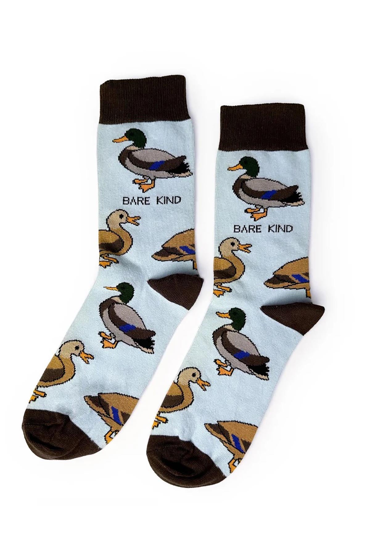 Pale blue duck print bamboo crew socks with brown cuff heel and toe laid flat — Urban Wild