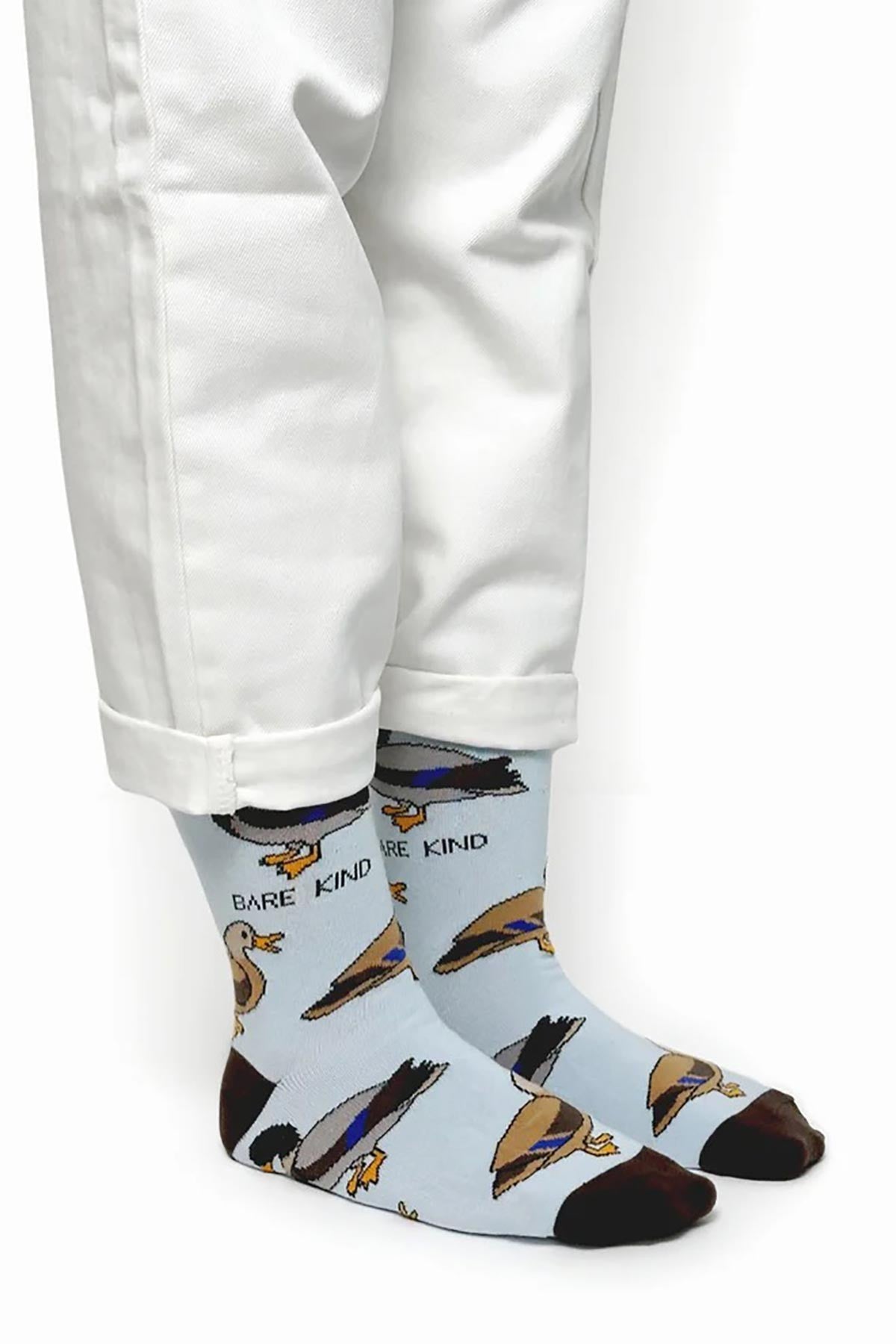 Pale blue bamboo crew socks with mallard duck print worn with white turn-up jeans — Urban Wild