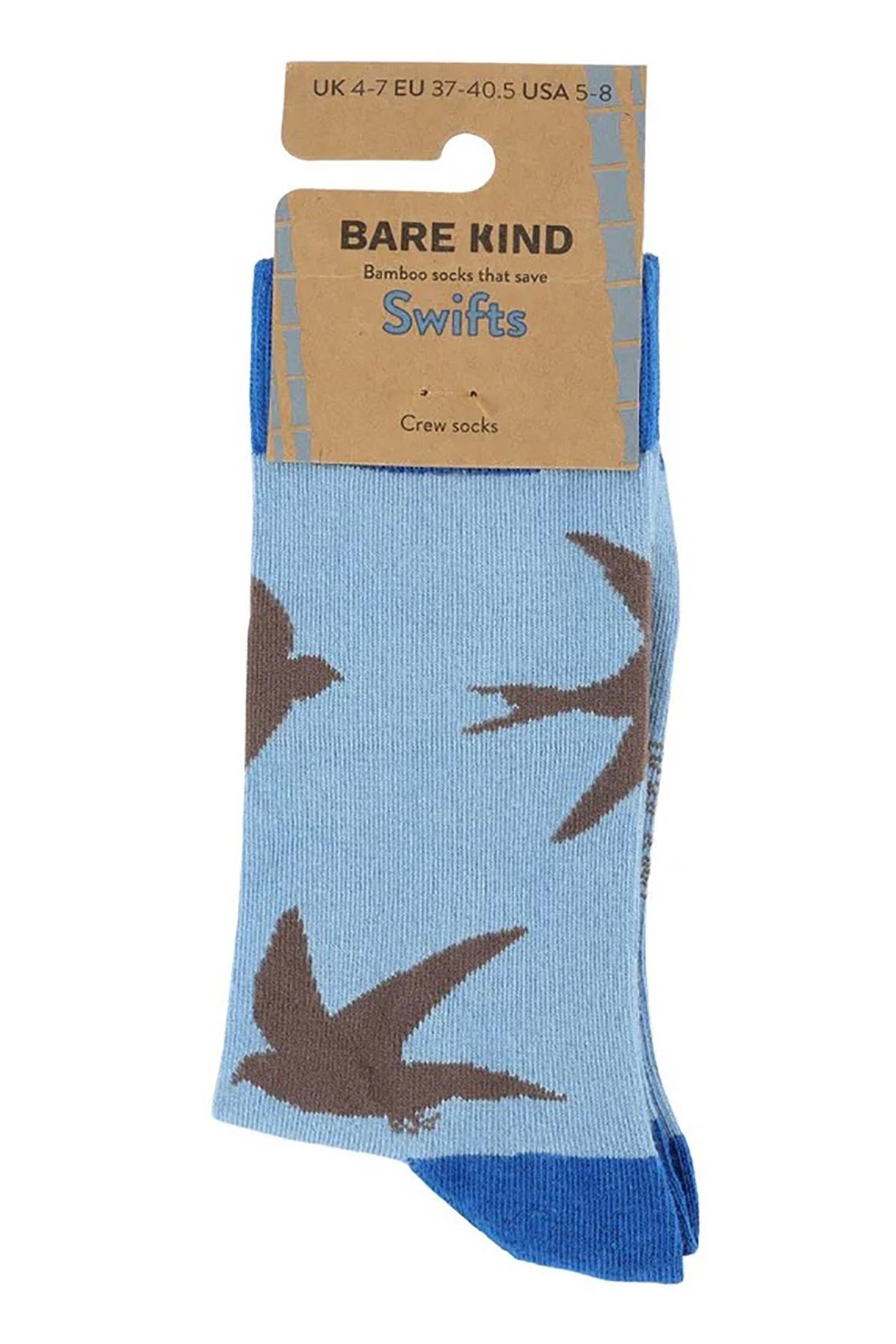 Blue swift print bamboo crew socks by Bare Kind in original packaging — Urban Wild
