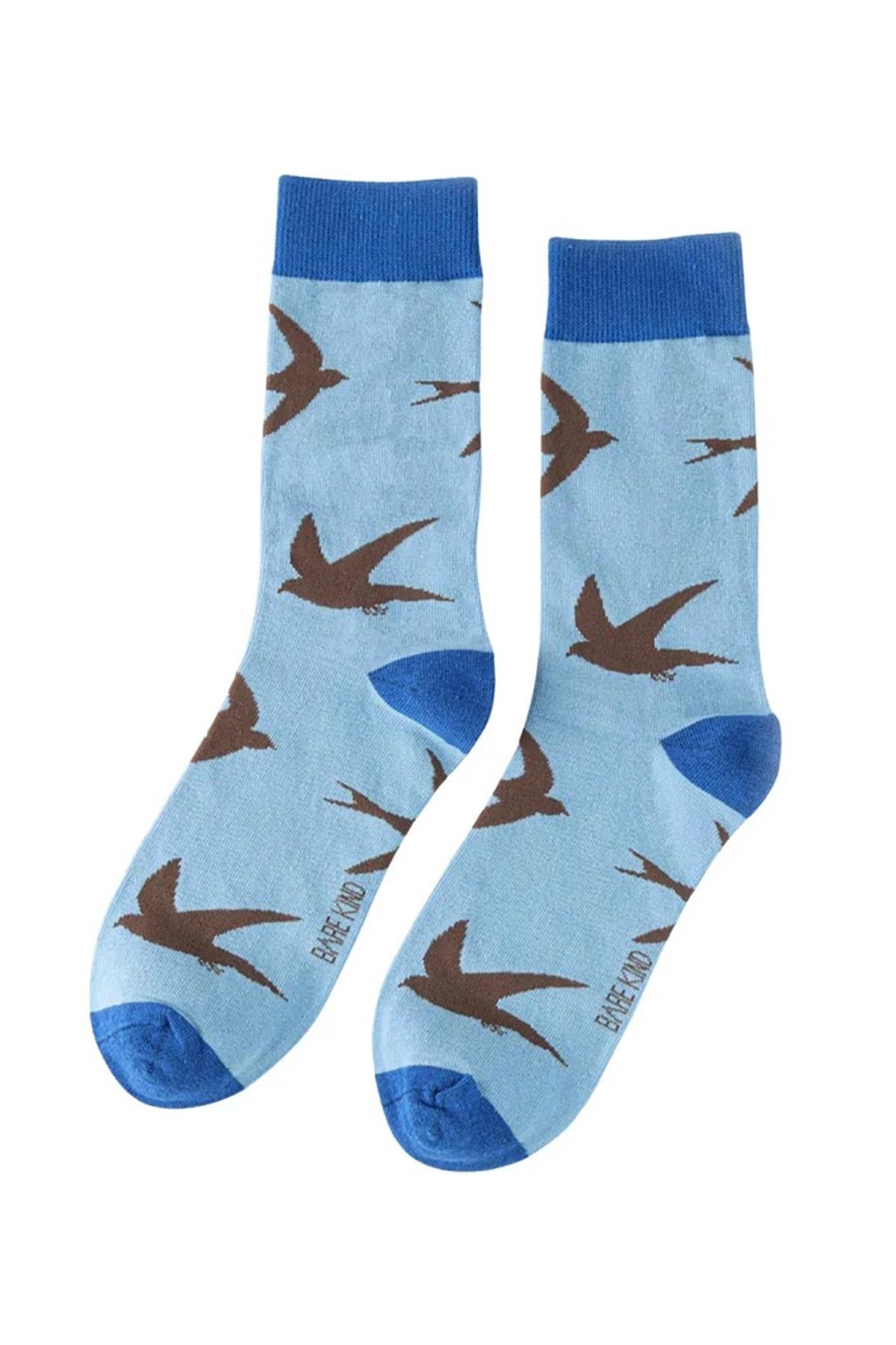 Pair of blue bamboo crew socks featuring flying swifts — ethical wildlife gift — Urban Wild