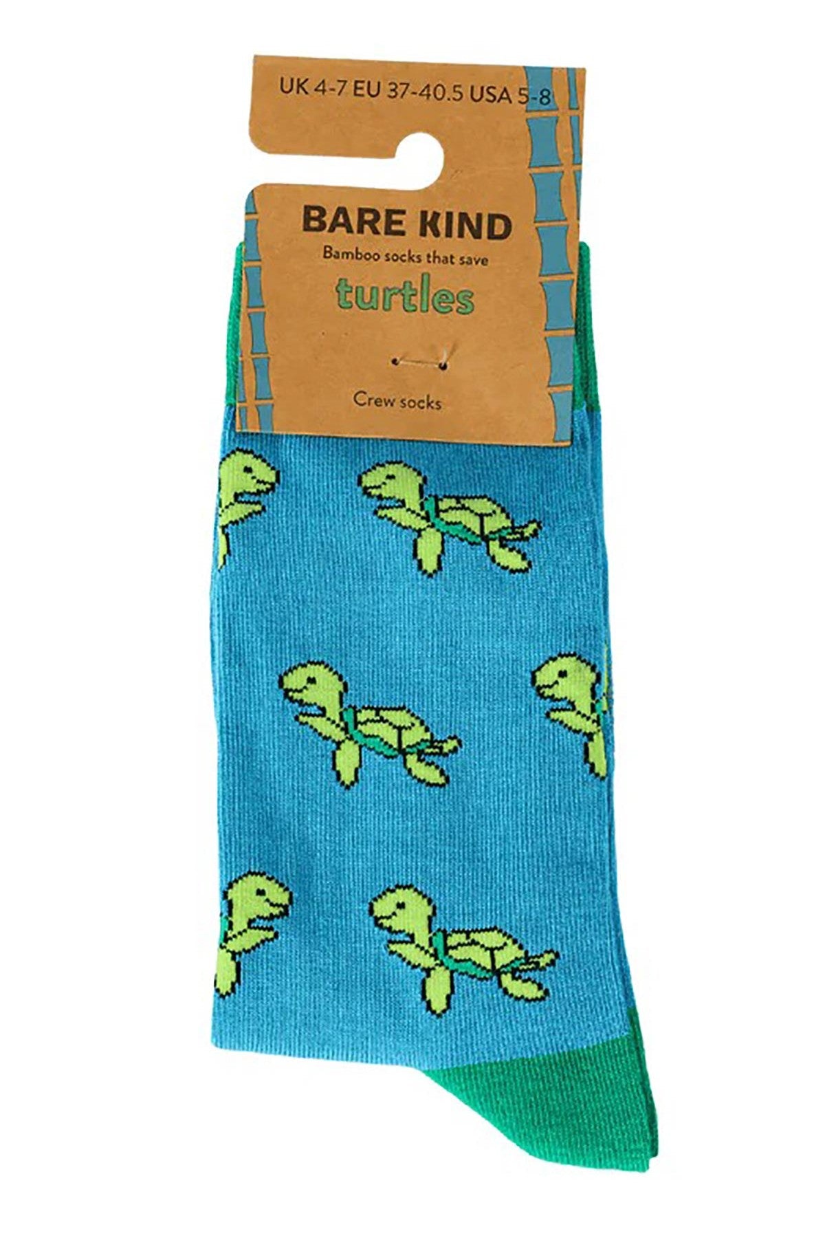 Save the Turtles blue bamboo crew socks by Bare Kind in plastic-free packaging — Urban Wild