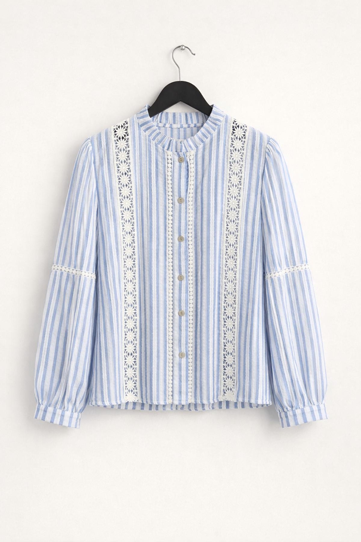 Blue stripe cotton blouse with lace panel detail by Urban Wild