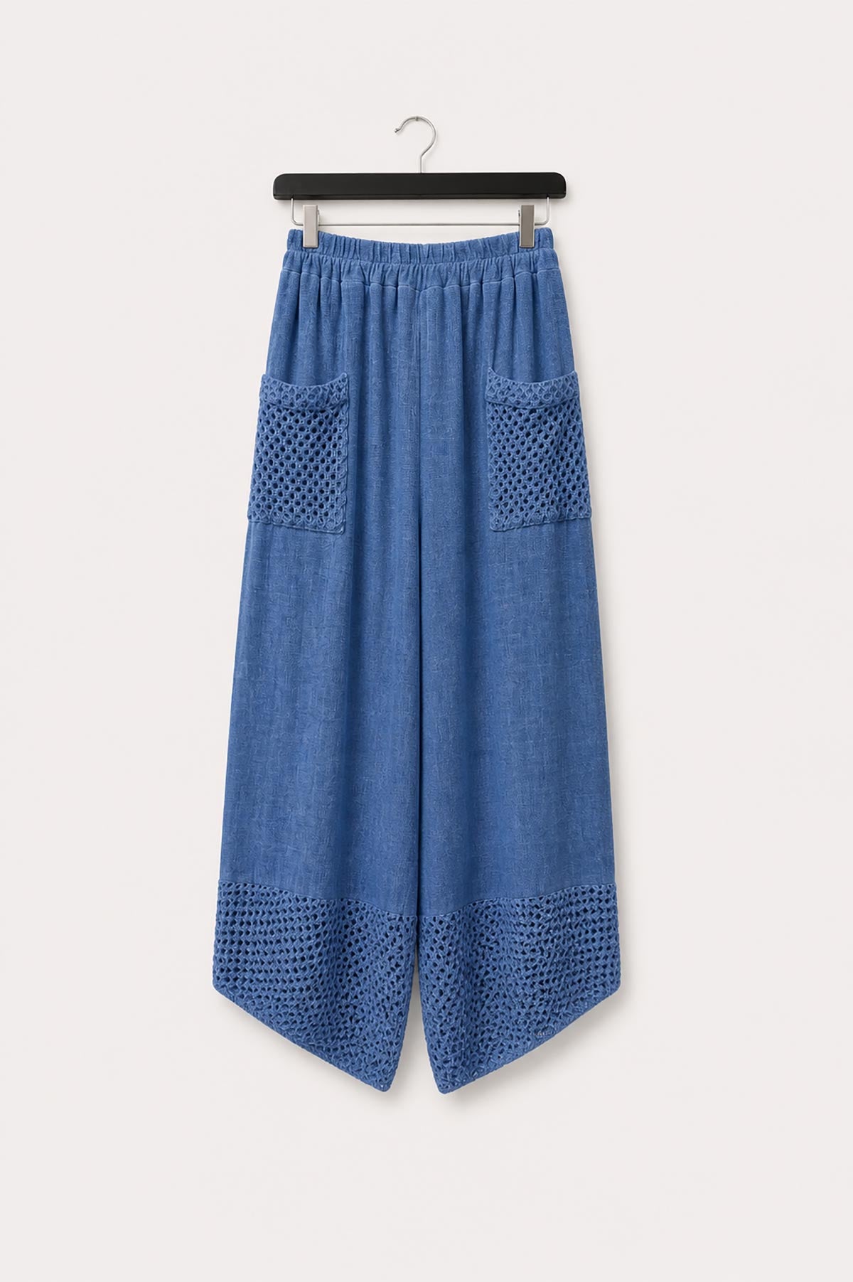 Blue Washed Linen Mesh Pocket Wide-Leg Trousers