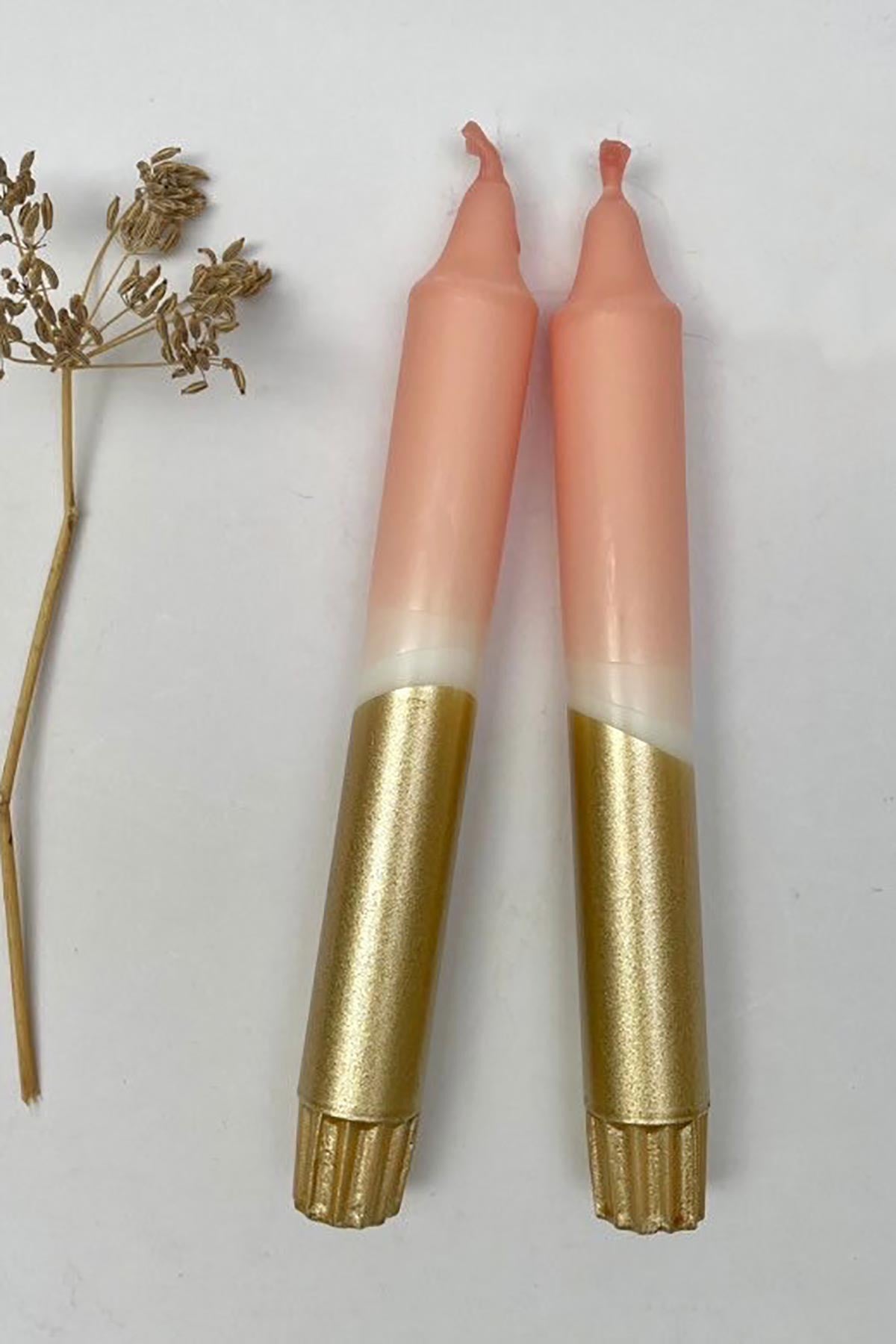 Hand dipped stearin wax taper candles in soft pink and gold detail — Urban Wild