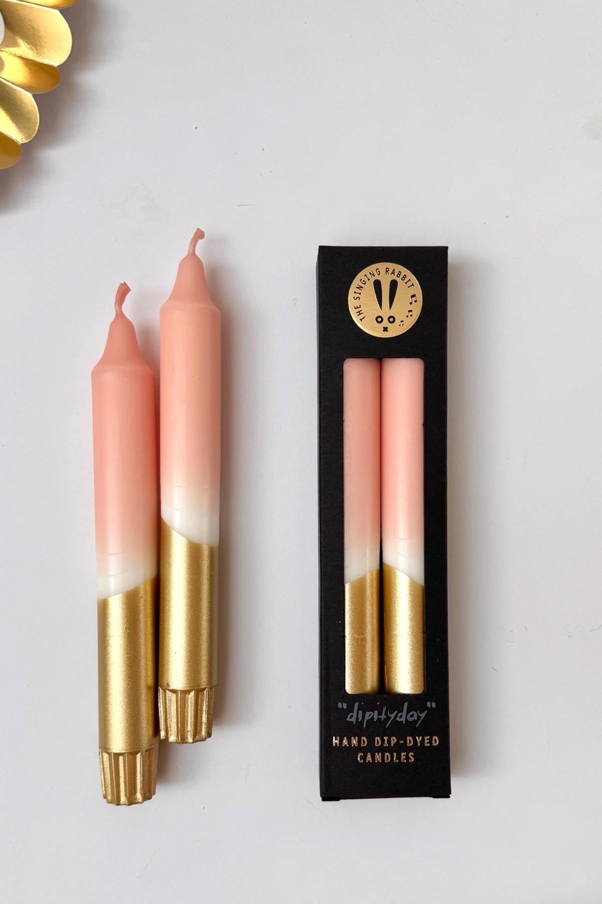 Blush pink and gold dip dyed hand poured taper dinner candles set of two — Urban Wild