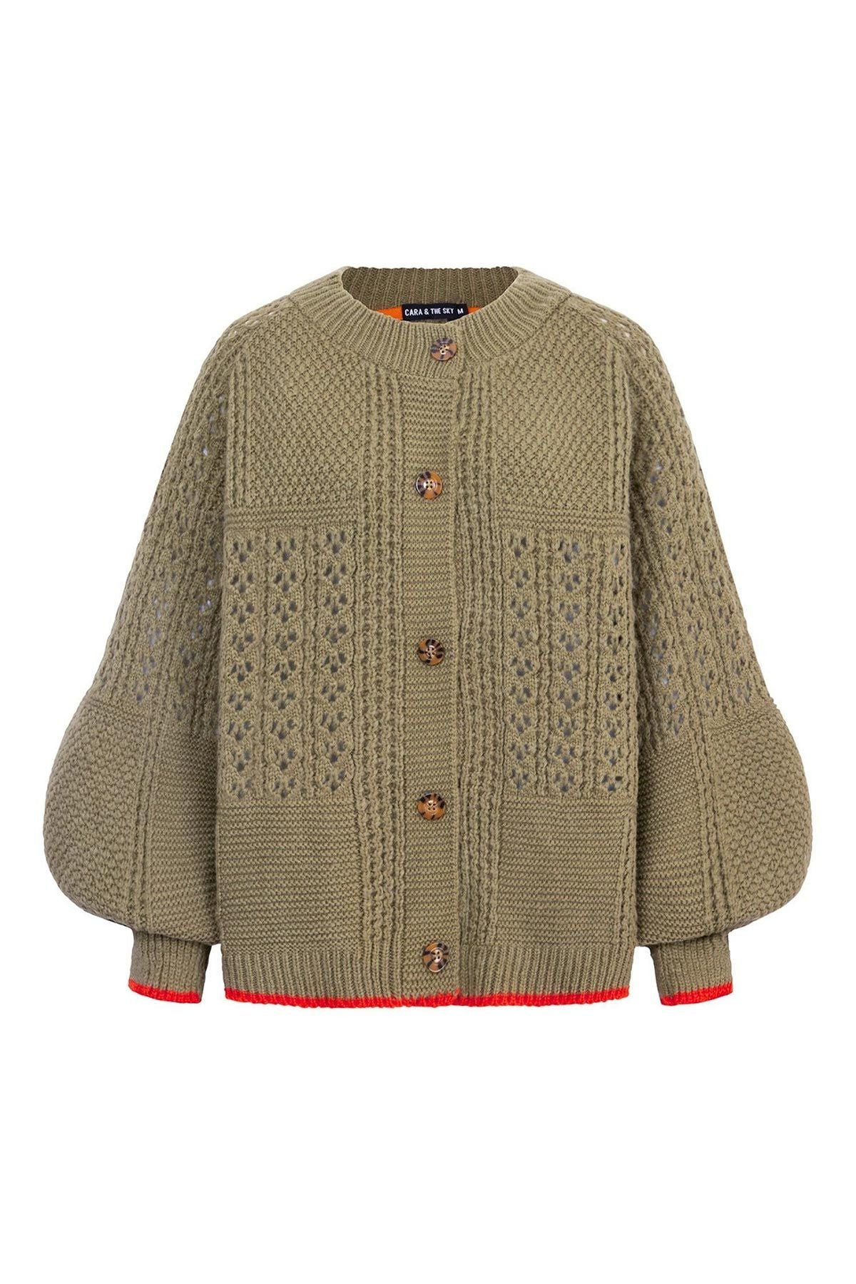Cara and The Sky khaki pointelle stitch cardigan with mock horn buttons detail — Urban Wild