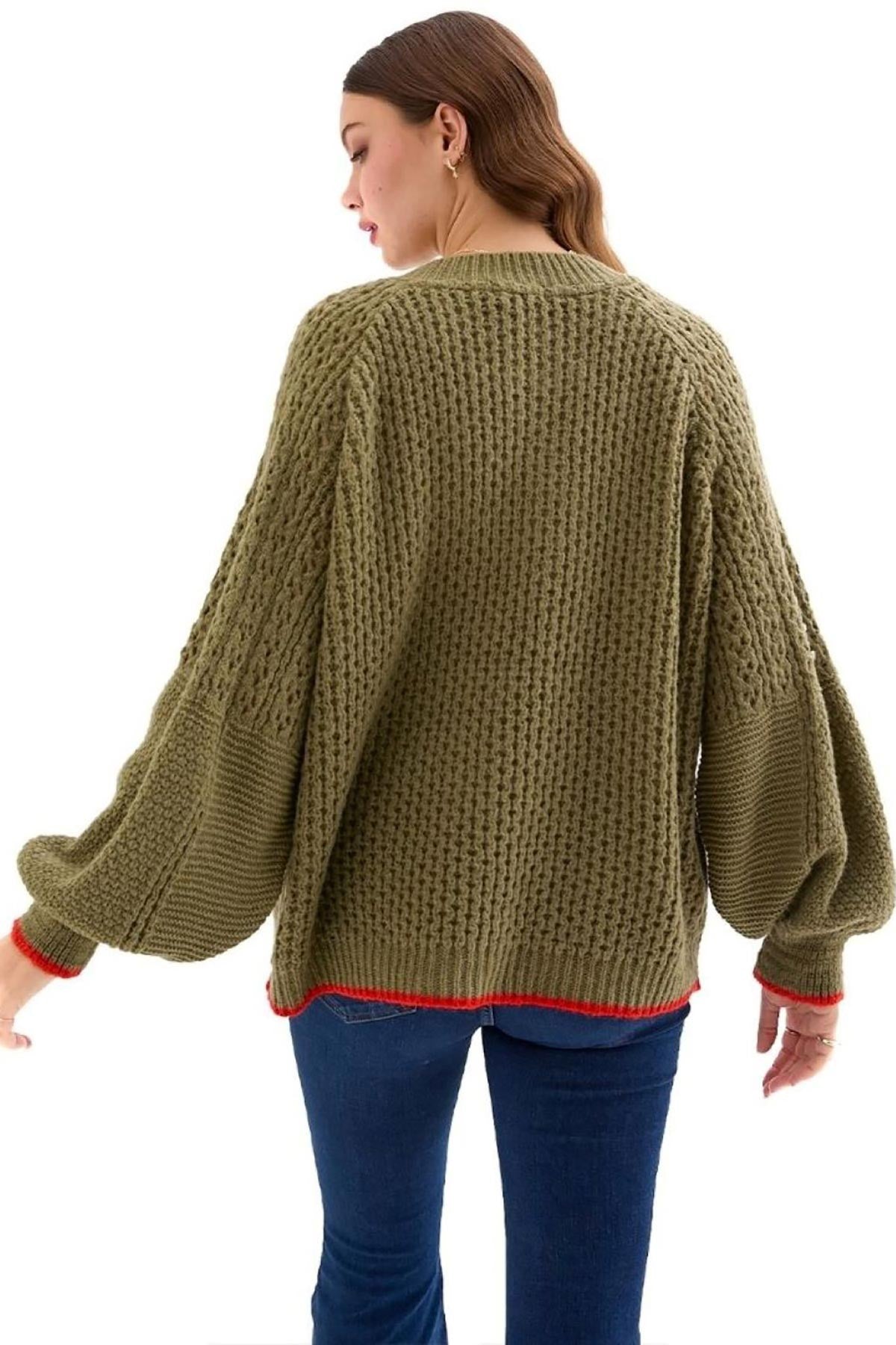 Brigit Pointelle Stitch Balloon Sleeve Cardigan in Khaki — Urban Wild