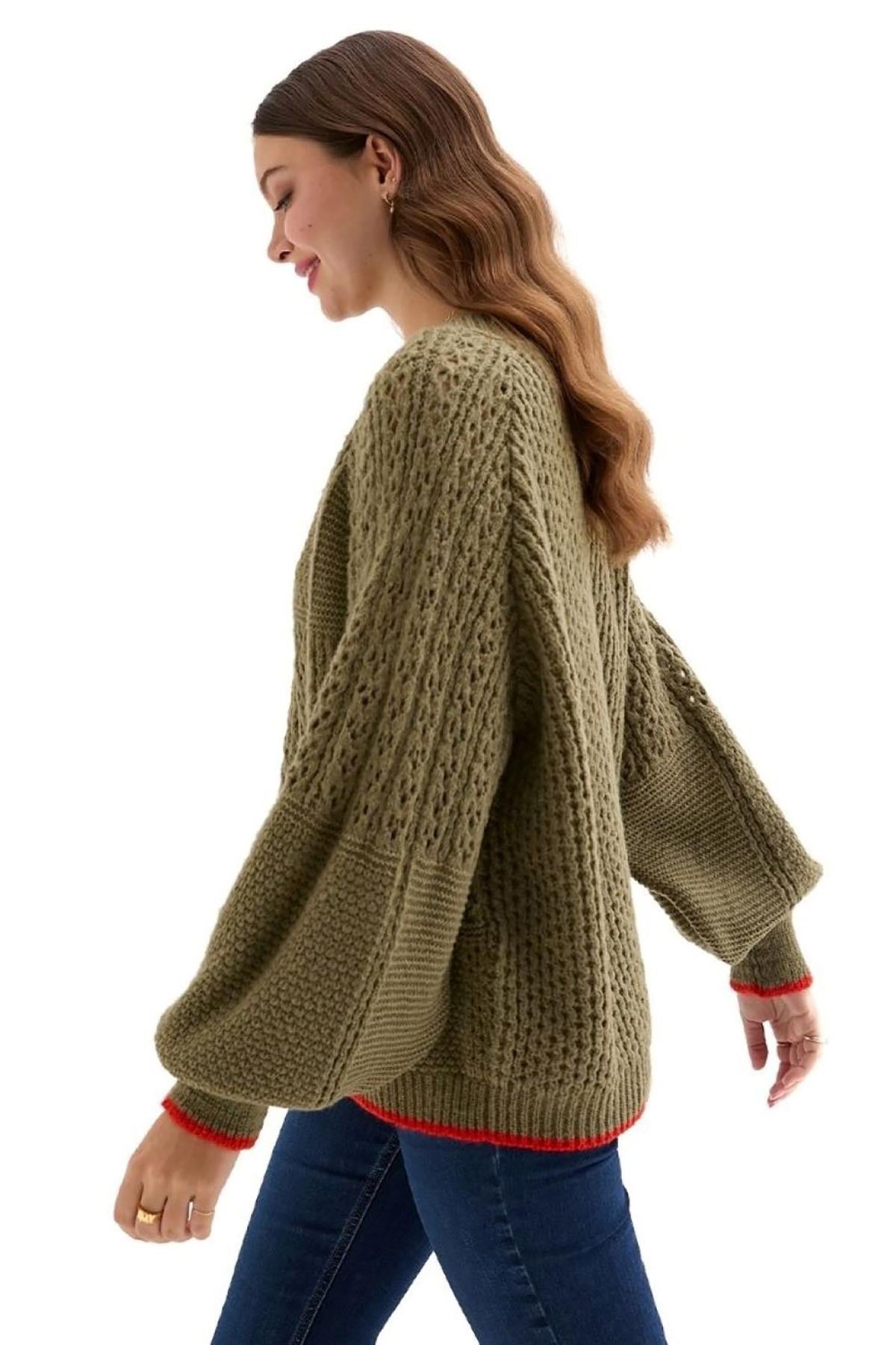 Brigit Pointelle Stitch Balloon Sleeve Cardigan in Khaki — Urban Wild