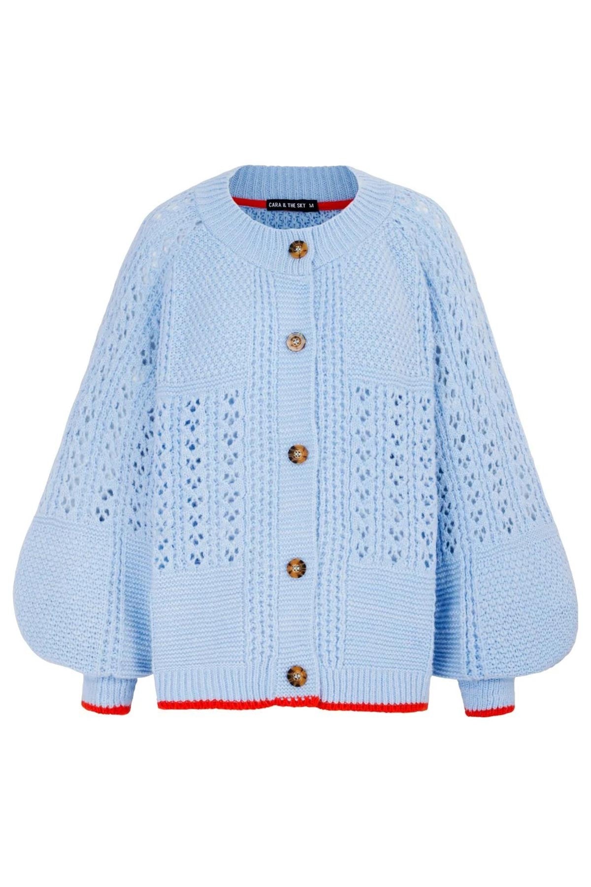 Cara and The Sky Brigit blue oversized pointelle knit cardigan detail — Urban Wild