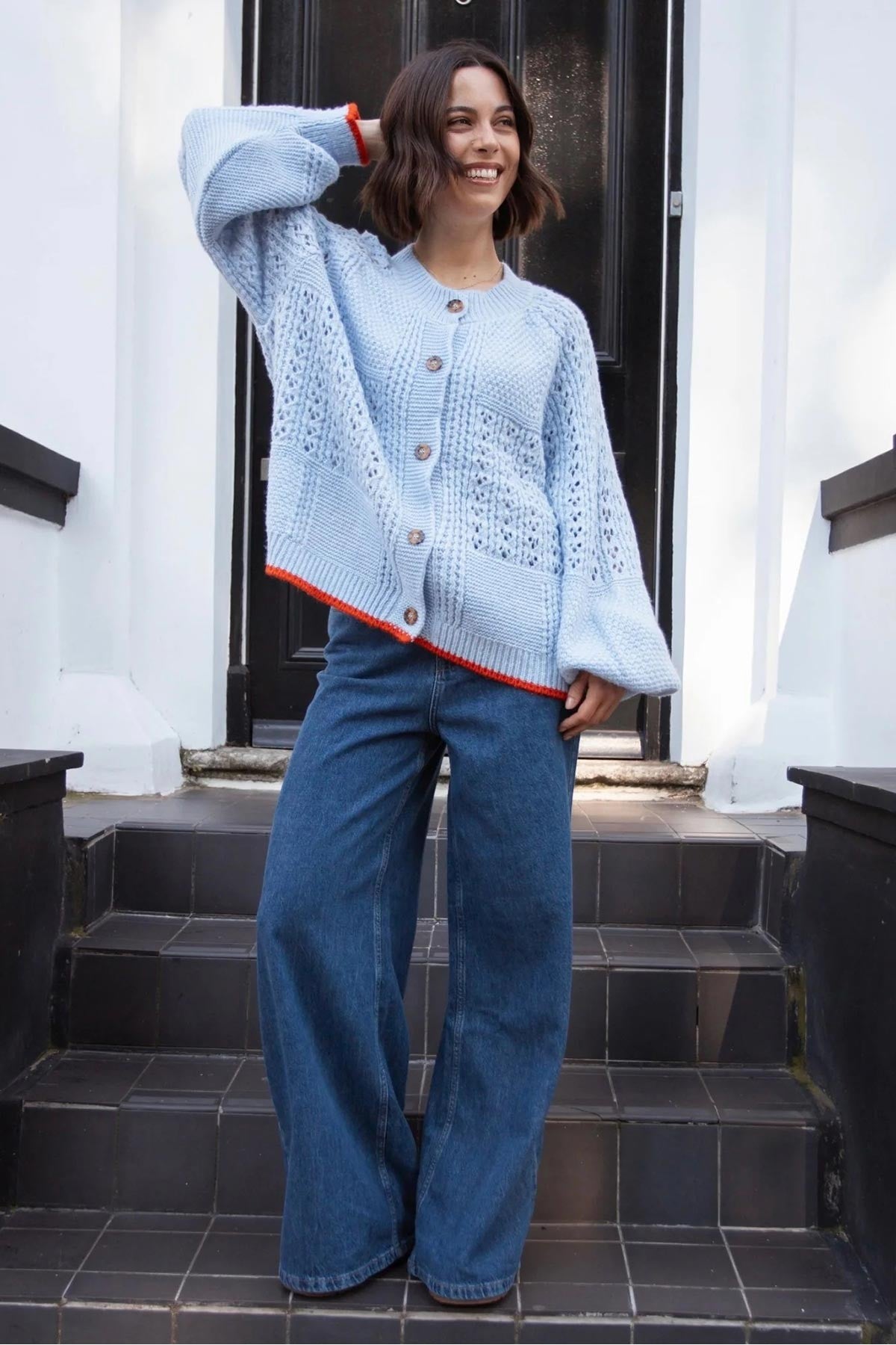 Brigit Pointelle Stitch Balloon Sleeve Cardigan in Blue — Urban Wild