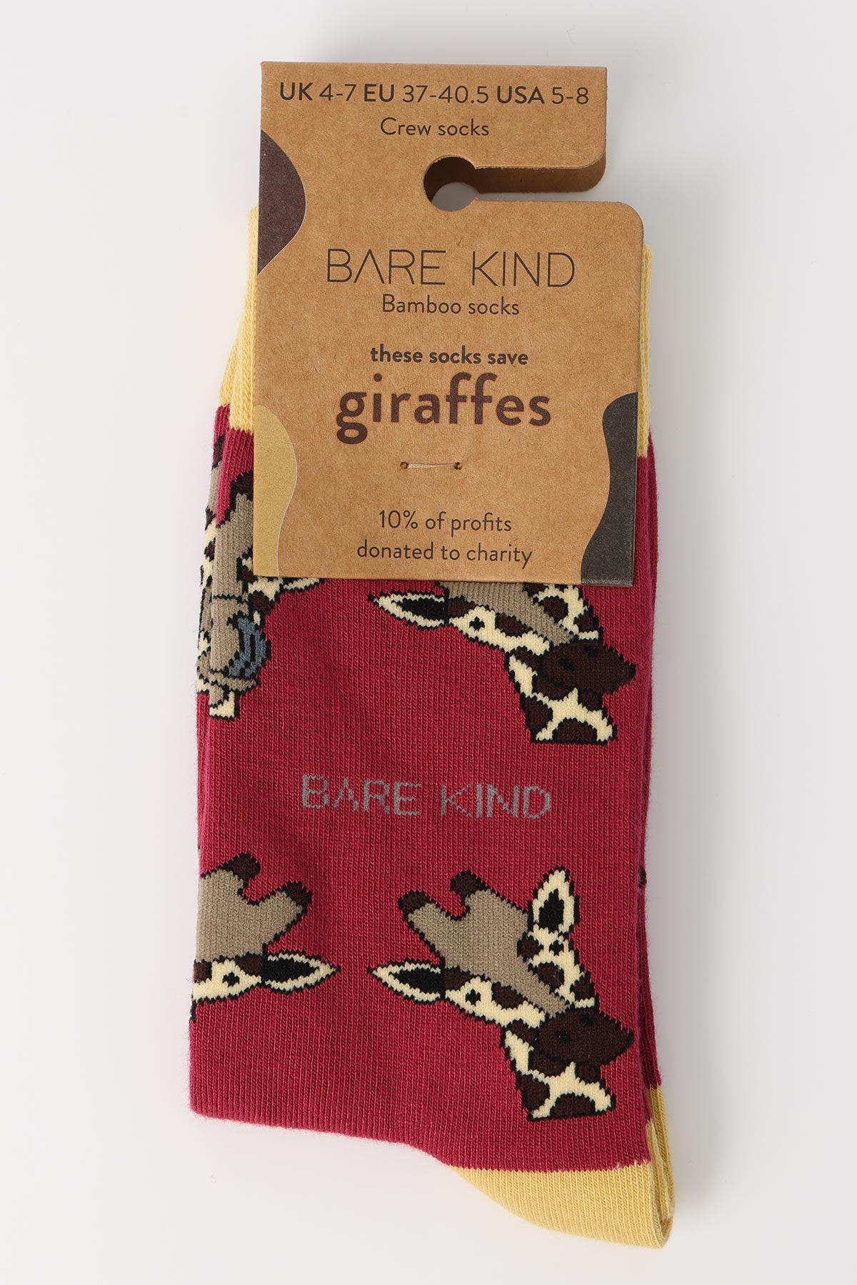 Burgundy bamboo crew socks with giraffe print and yellow cuff by Bare Kind — Urban Wild