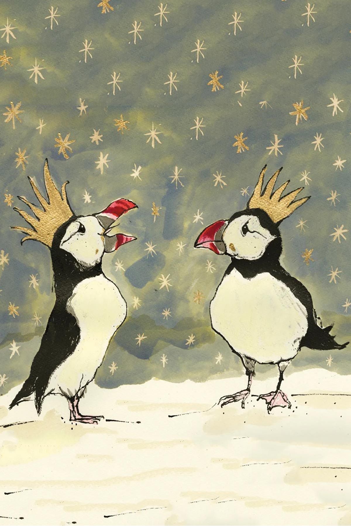 Christmas Puffins illustrated greeting card with golden party hats and starlit sky — Urban Wild