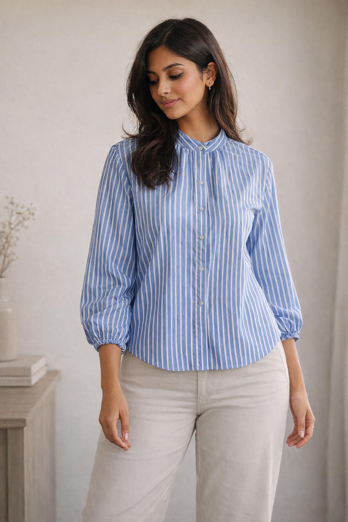 Blue & White Stripe Grandad Collar Shirt | Urban Wild
