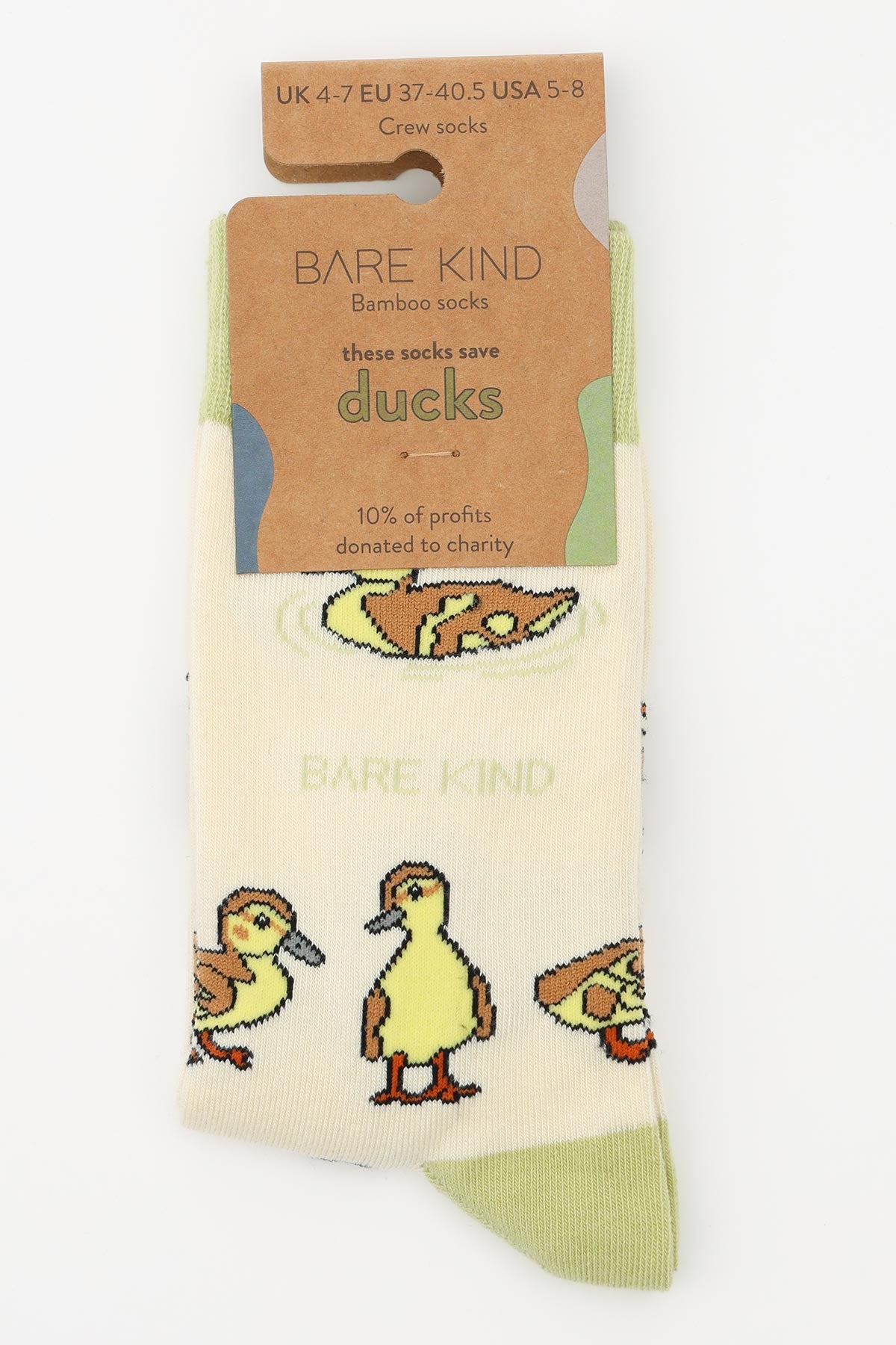 Cream bamboo crew socks with duckling print and sage green cuff in Bare Kind packaging — Urban Wild